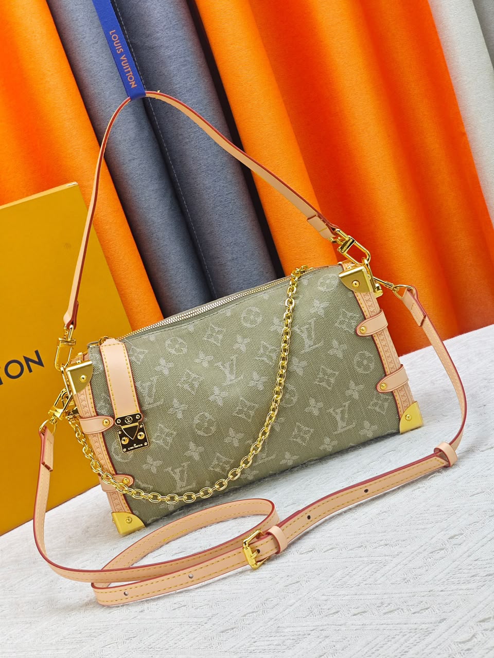 Louis Vuitton East West MM Side Trunk Bag Khaki Denim 28cm M27451