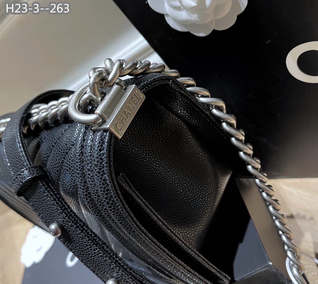 Chanel Boy Caviar Chevron Quilted Flap Bag Black 25Cm/9.8in