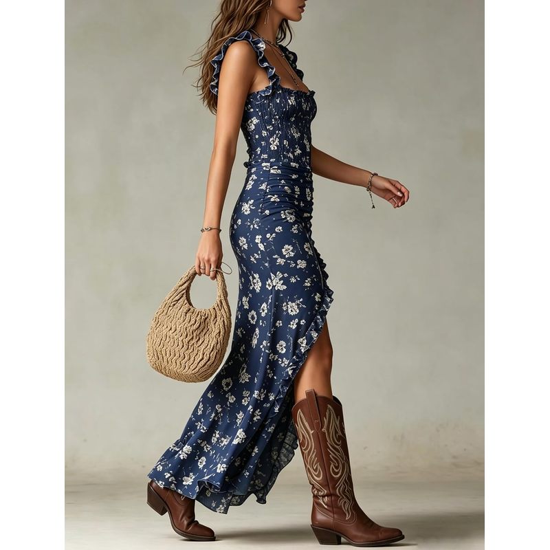 Women's Vintage Floral Maxi Dress Spaghetti Strap
