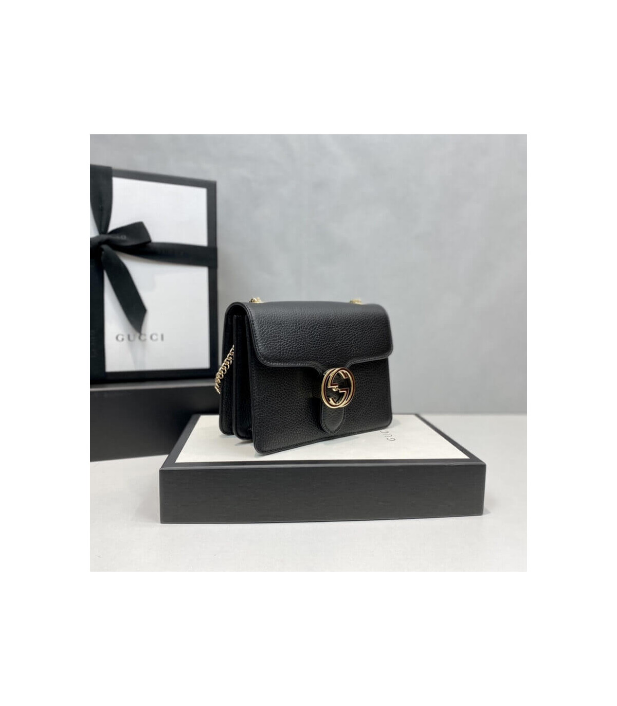 Gucci Interlocking G Chain Crossbody Black Leather 25cm
