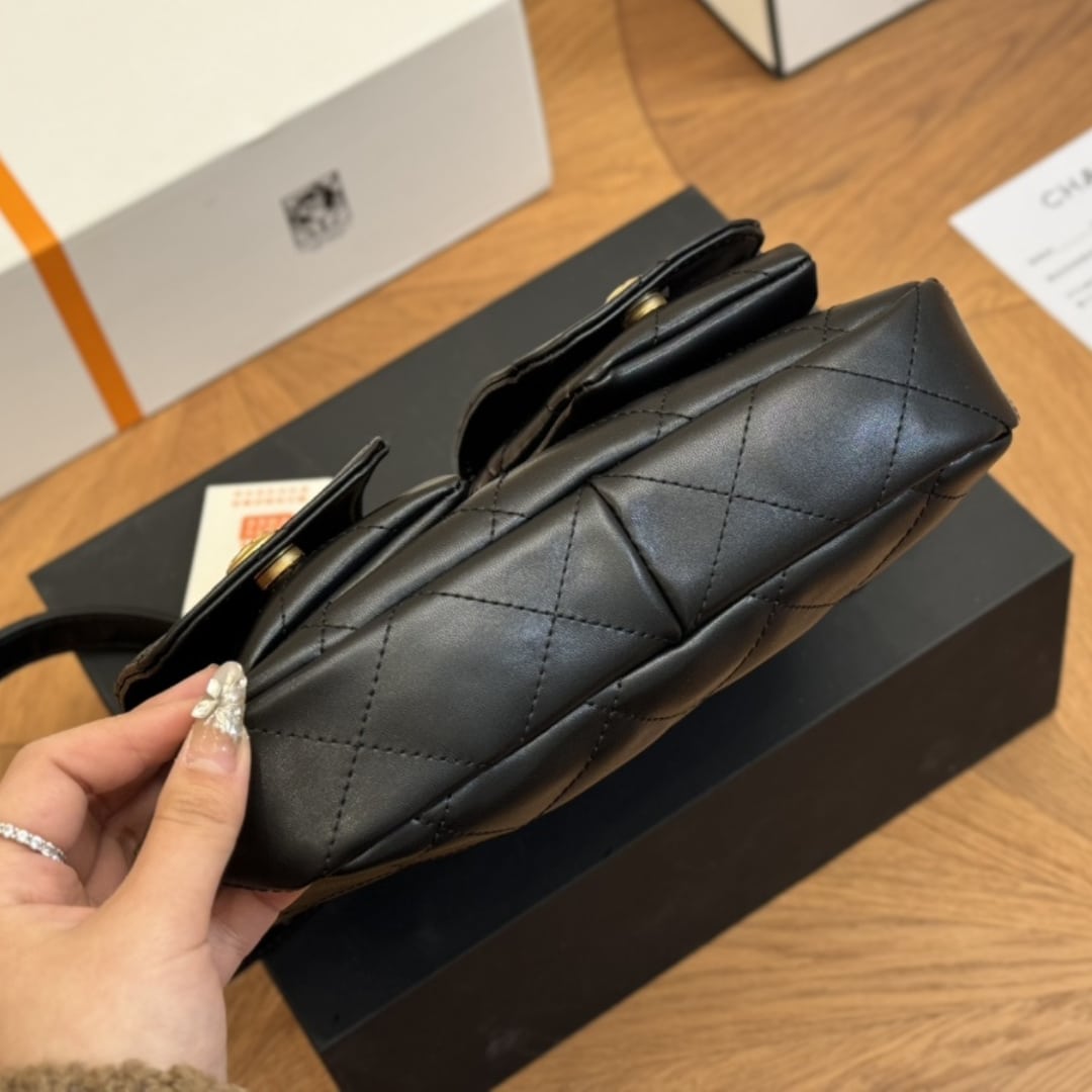 Chanel Hobo Bag Glossy Calfskin Black 25Cm/9.8in