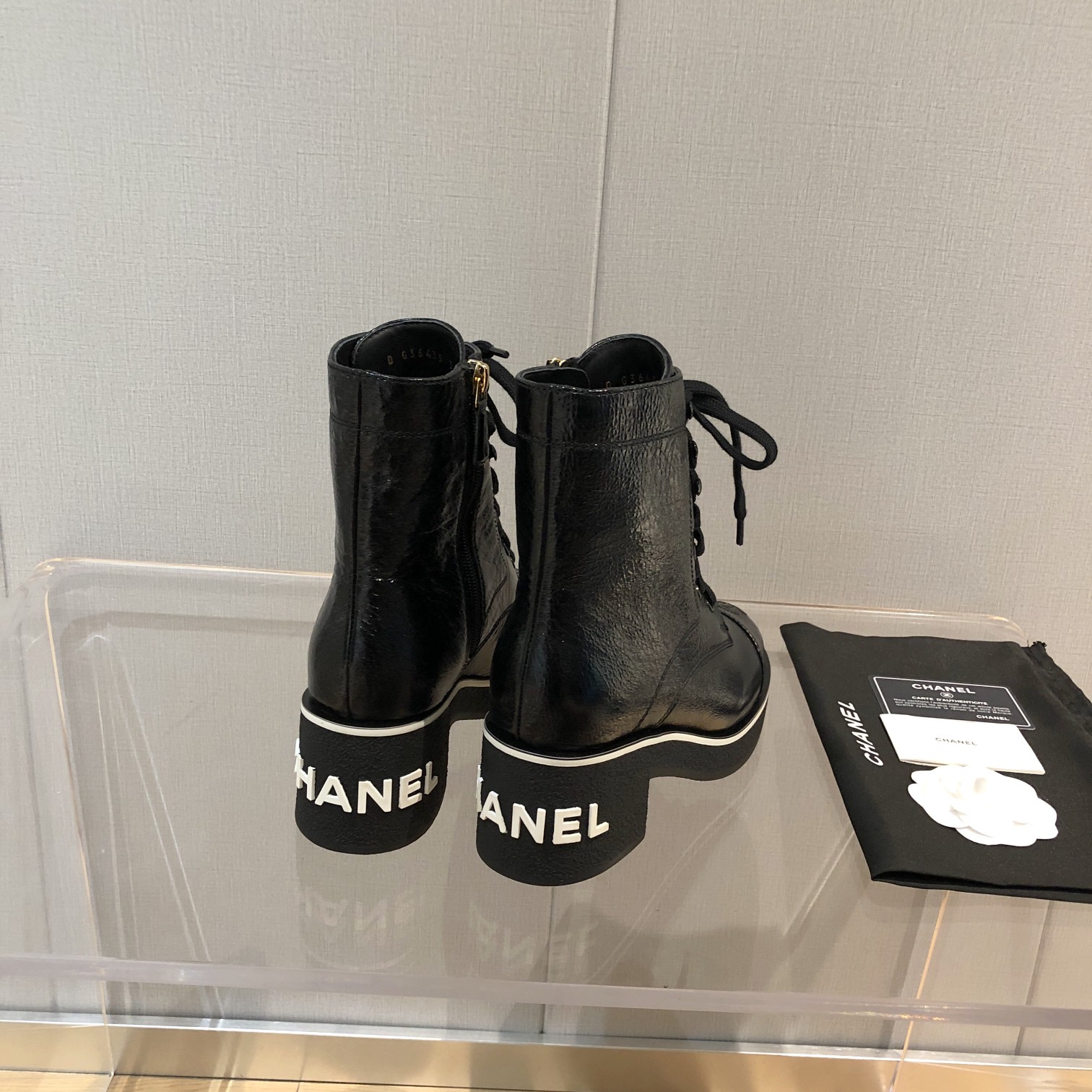 Chanel White Logo Crinkled Leather Combat Boots For Women