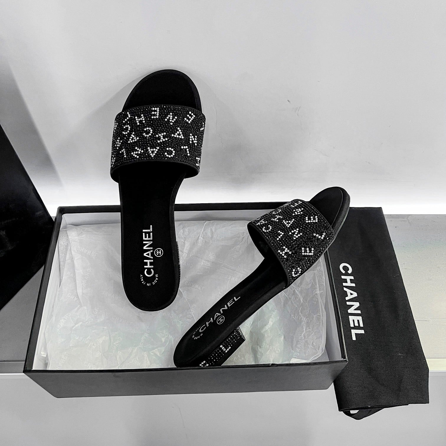 Chanel 24P Beaded Diamond Logo Slippers Black