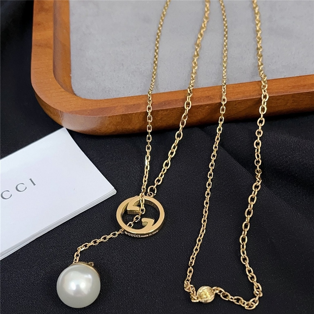 Gucci Blondie Pearl Drop Necklace Gold 774689 I4620 8078