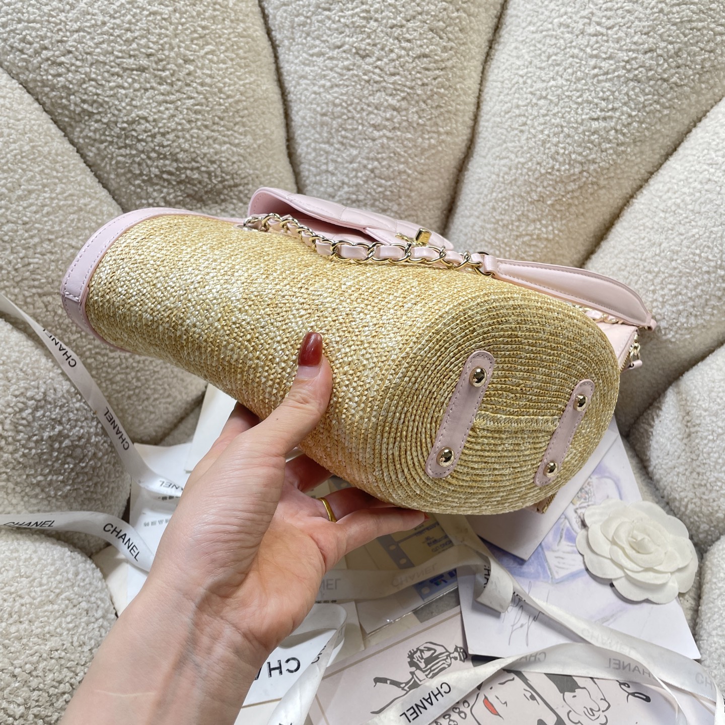 Straw & Lambskin Tote Bag with Pouch in Sakura Pink with Gold-Tone Hardware, 25C Cruise Collection