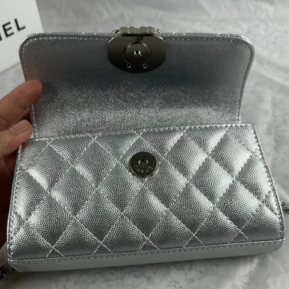 Chanel 23P Clutch With Chain Bag Grained Leather Silver 18cm