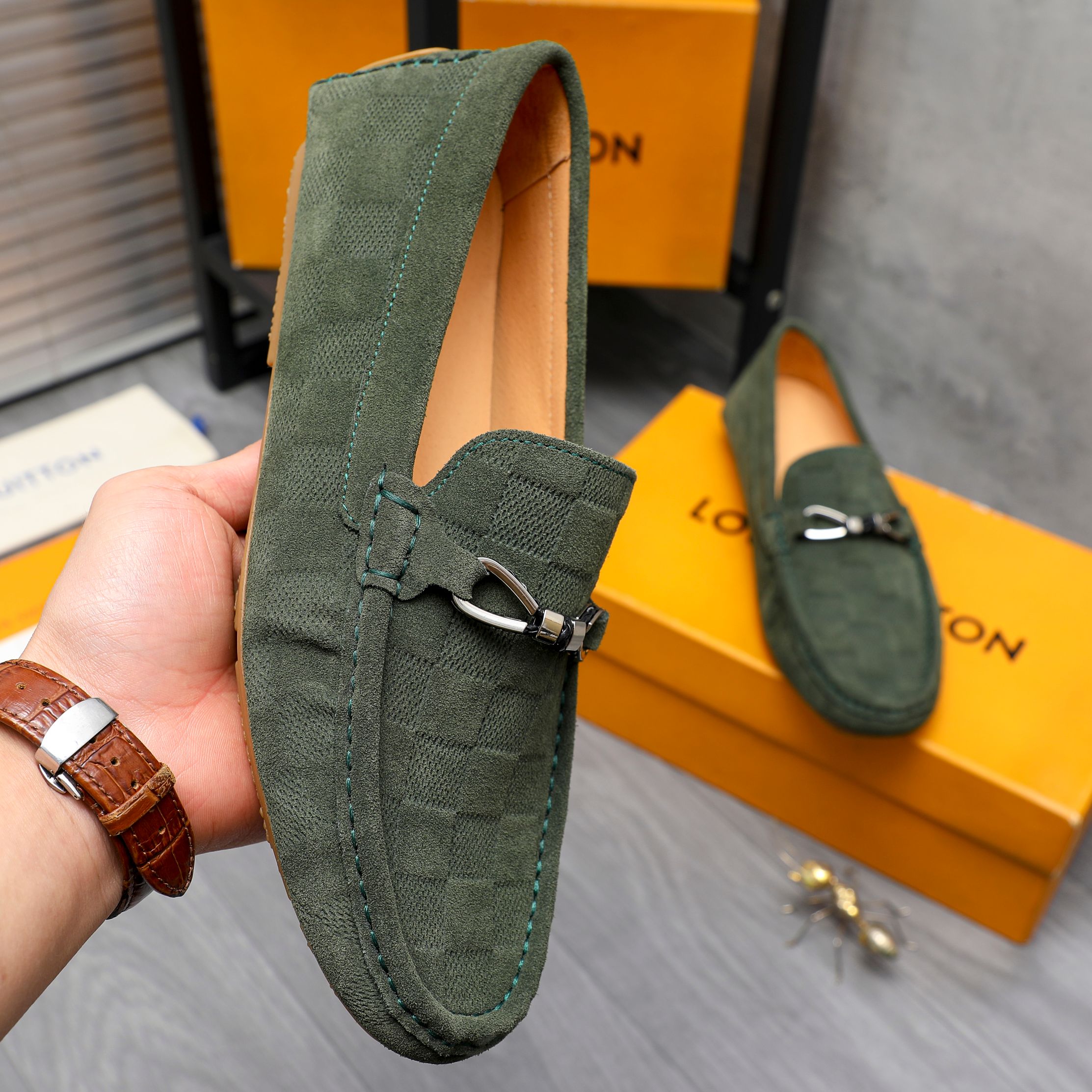 Louis Vuitton Lv Damier Suede Leather Loafers In Dark Green