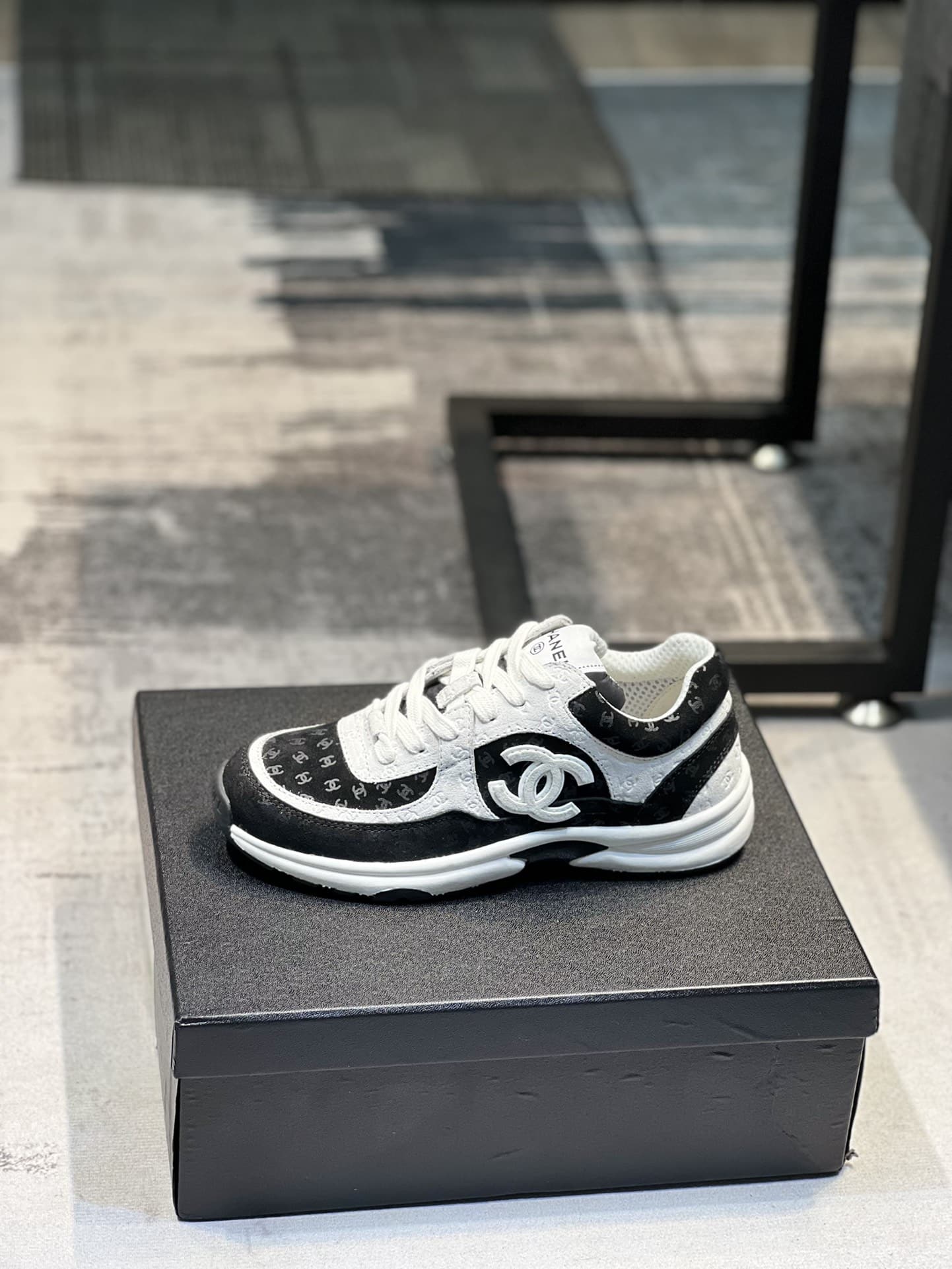 Chanel Cc Embossed Logo Suede Black White