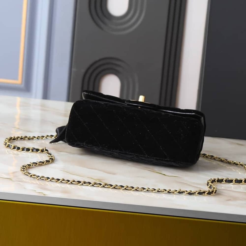 Chanel Mini Flap Bag With Top Handle Velvet Silk And Gold Tone Metal Black 20Cm As5875 B22481 94305