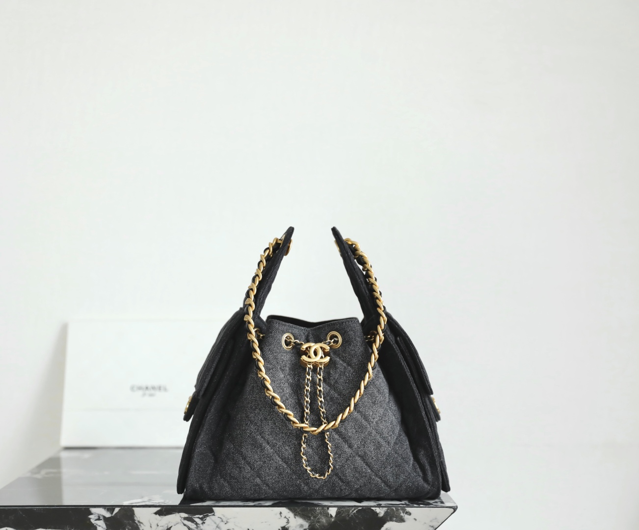 Chanel crossbody bag 25 Small Handbag Washed Denim & Gold-Tone Metal Black 30cm/11.8in