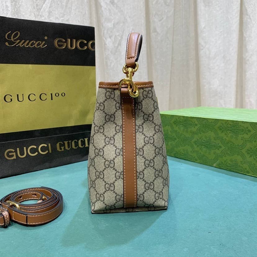 Gucci GG Emblem Mini Bucket Bag Beige And Dark Brown 19Cm ‎815118 FAD6L 9758
