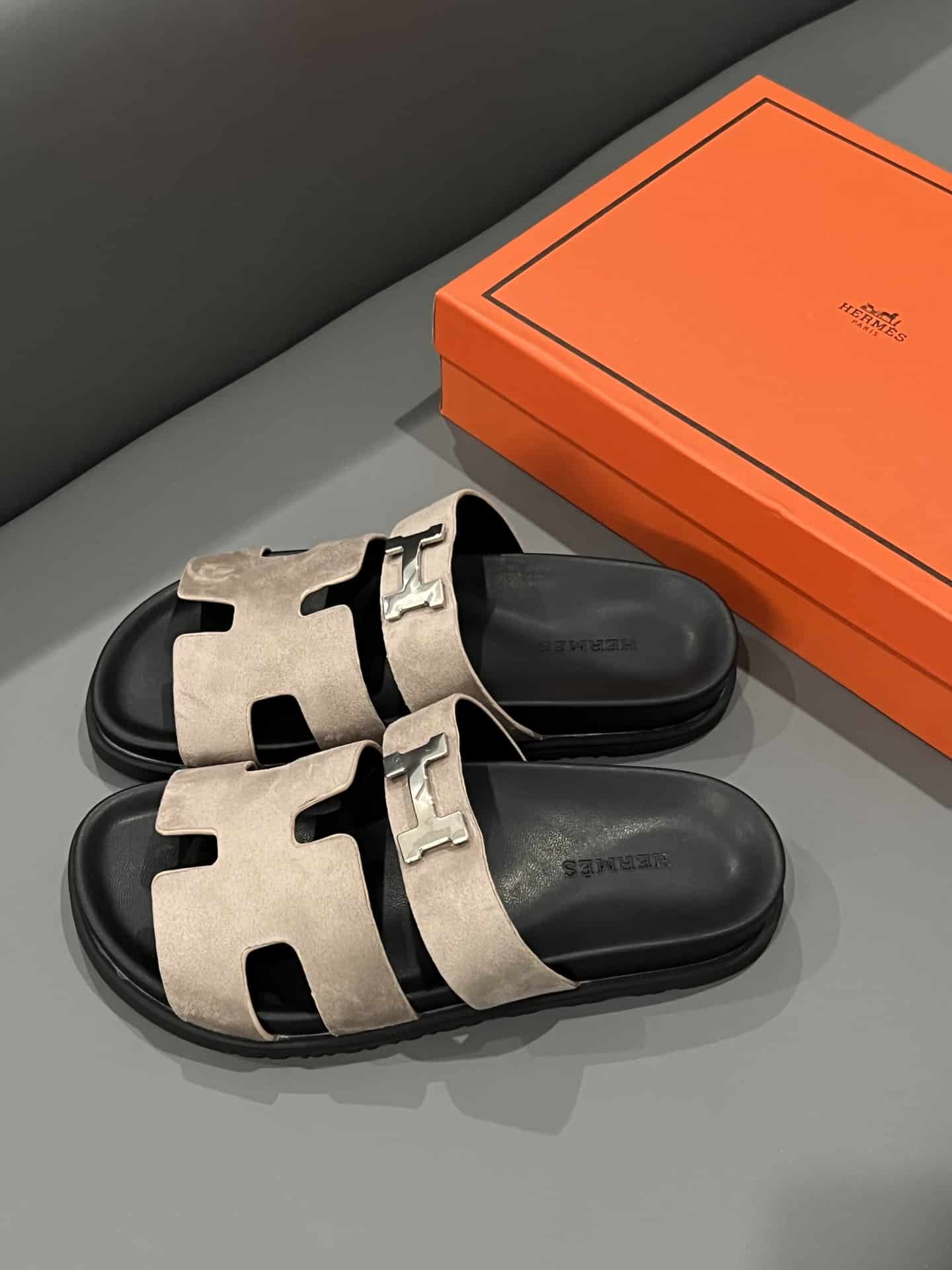 Hermes Chypre Sandal Suede H Logo Silver Hardware Light Brown