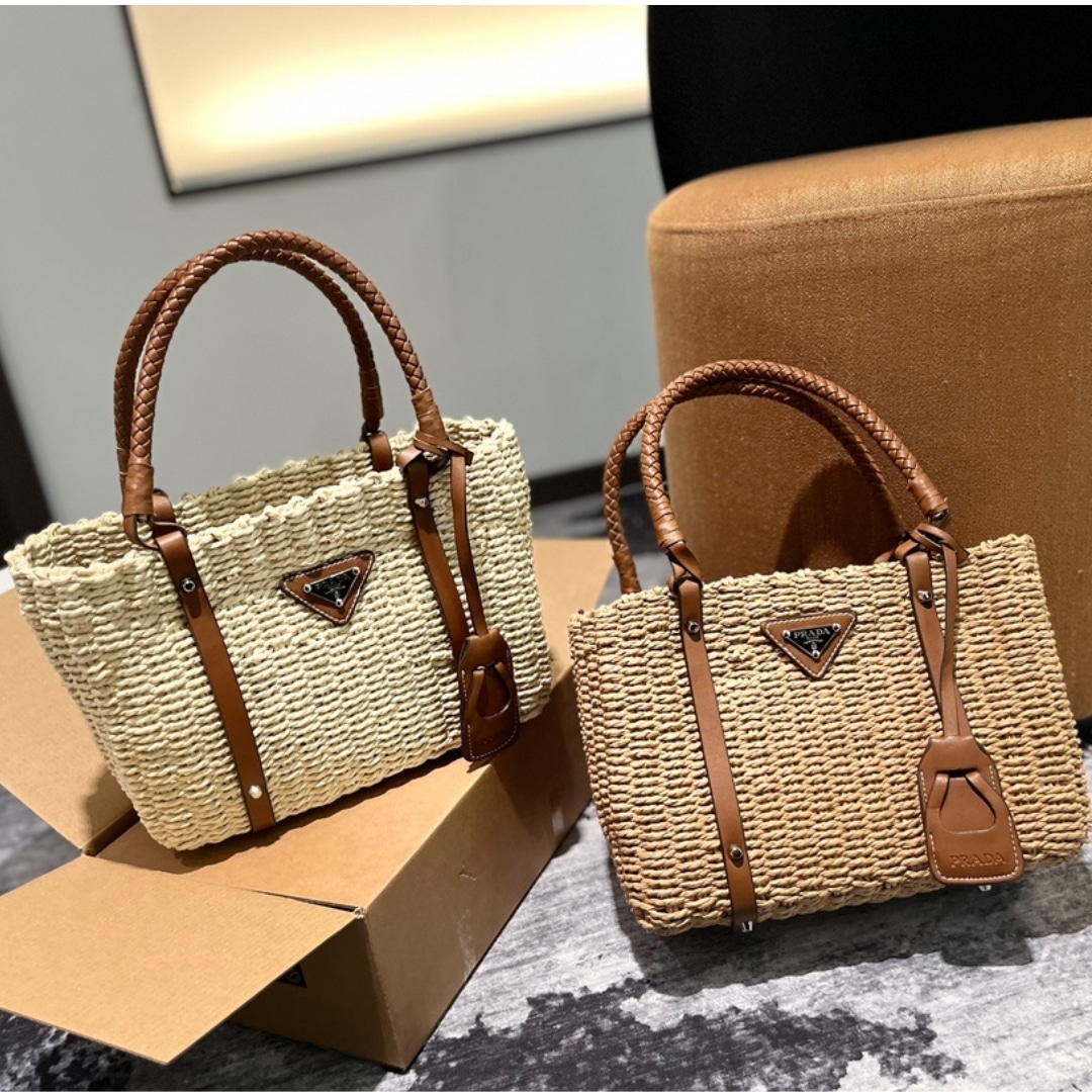 Prada Two Tone Woven Tote Bag In Multi Natural 28Cm