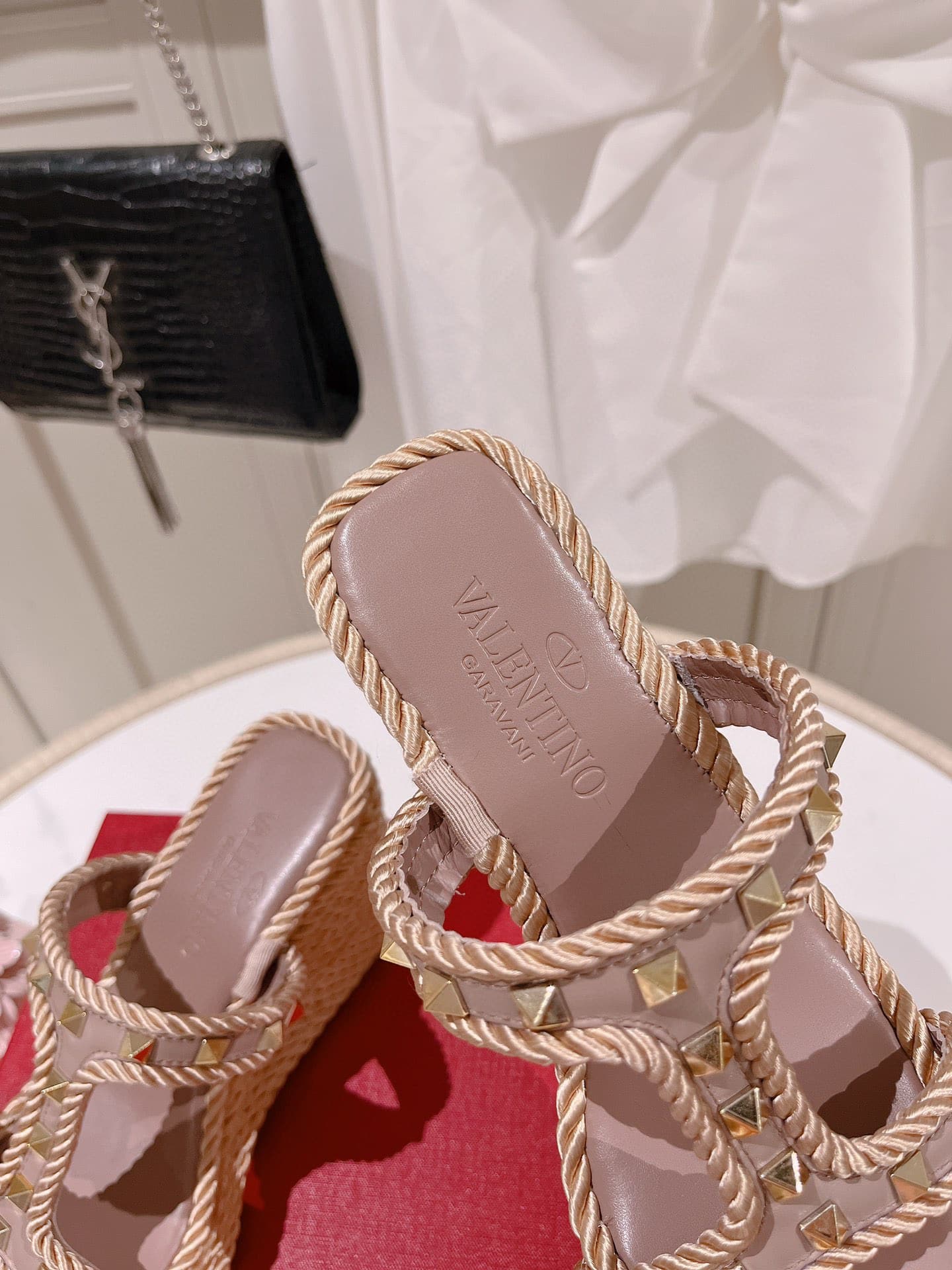 Valentino Rockstud Wedge In Calfskin Beige