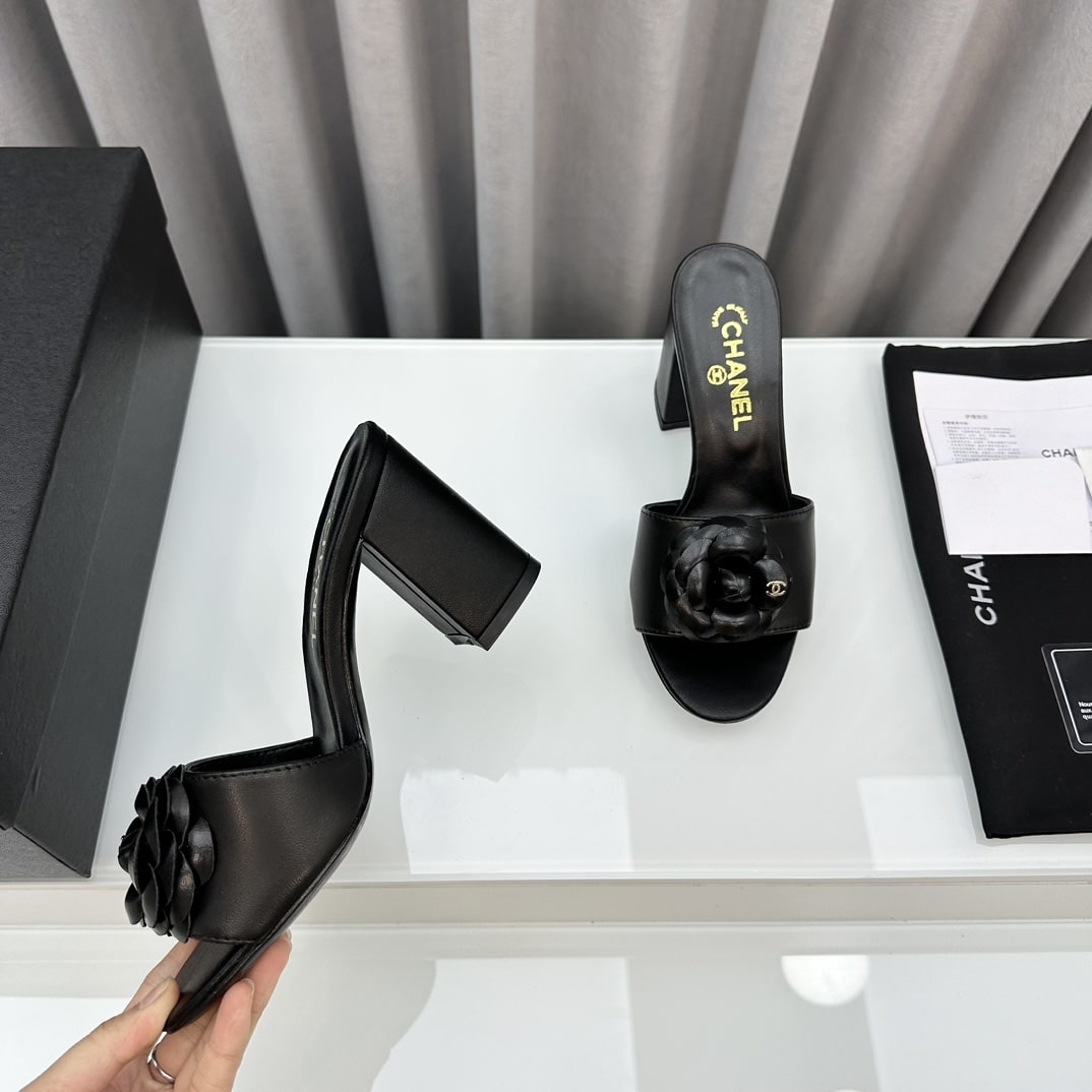 Chanel Camellia Medium Heel Slippers Black