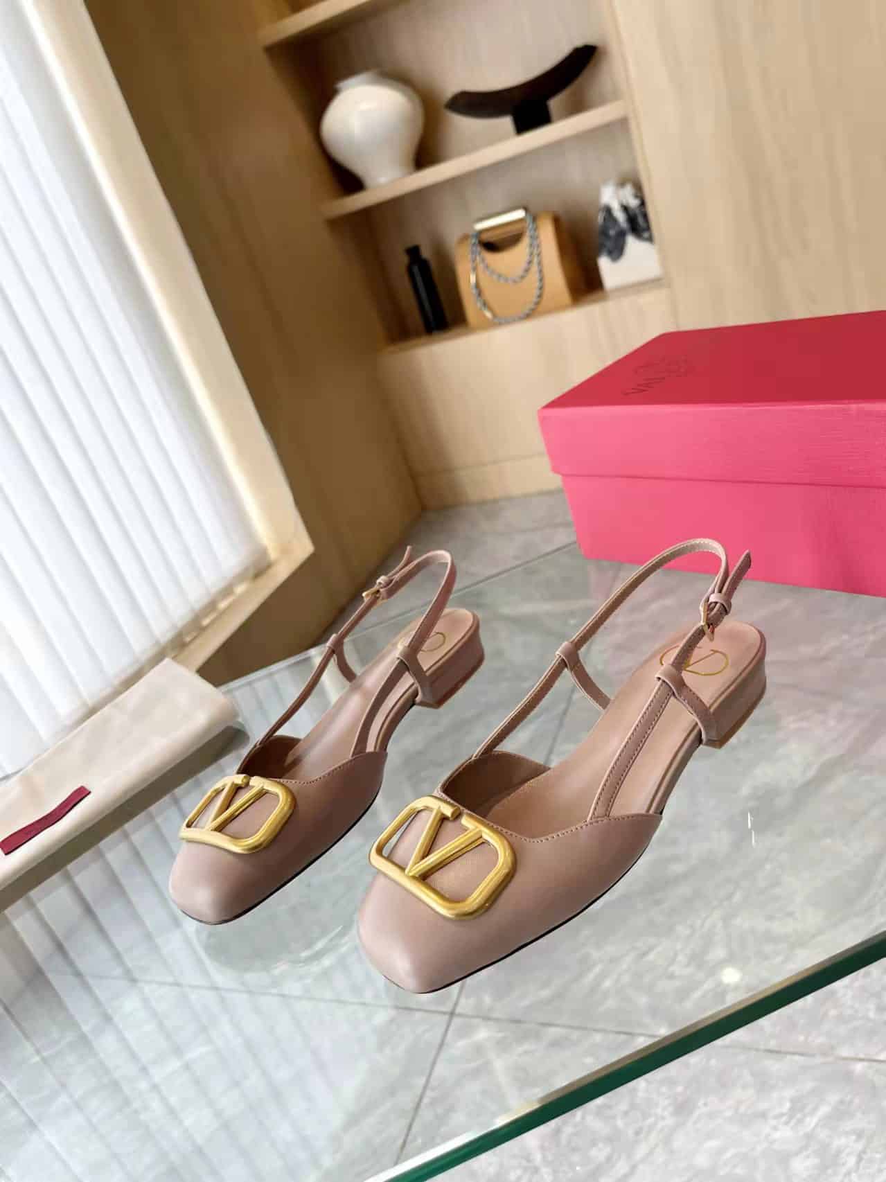 Valentino Garavani V Logo Leather Slingback Flats Beige