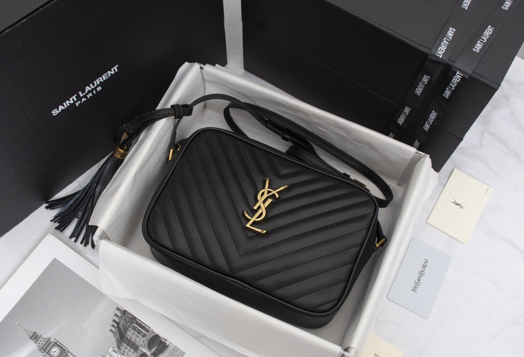 Saint Laurent Lou Camera Bag In Quilted Black Gold Leather 23Cm