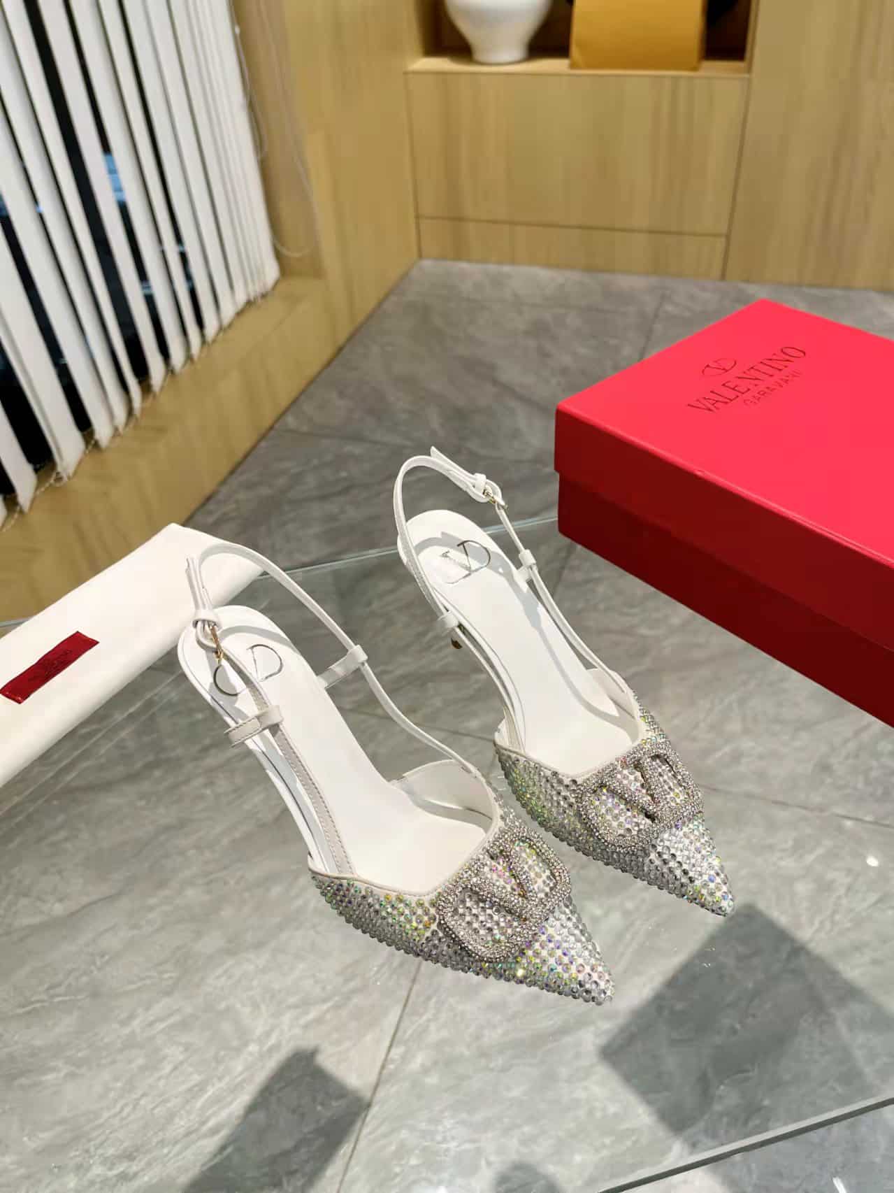 Valentino VLogo Signature Back Strap Crystal High Heels White