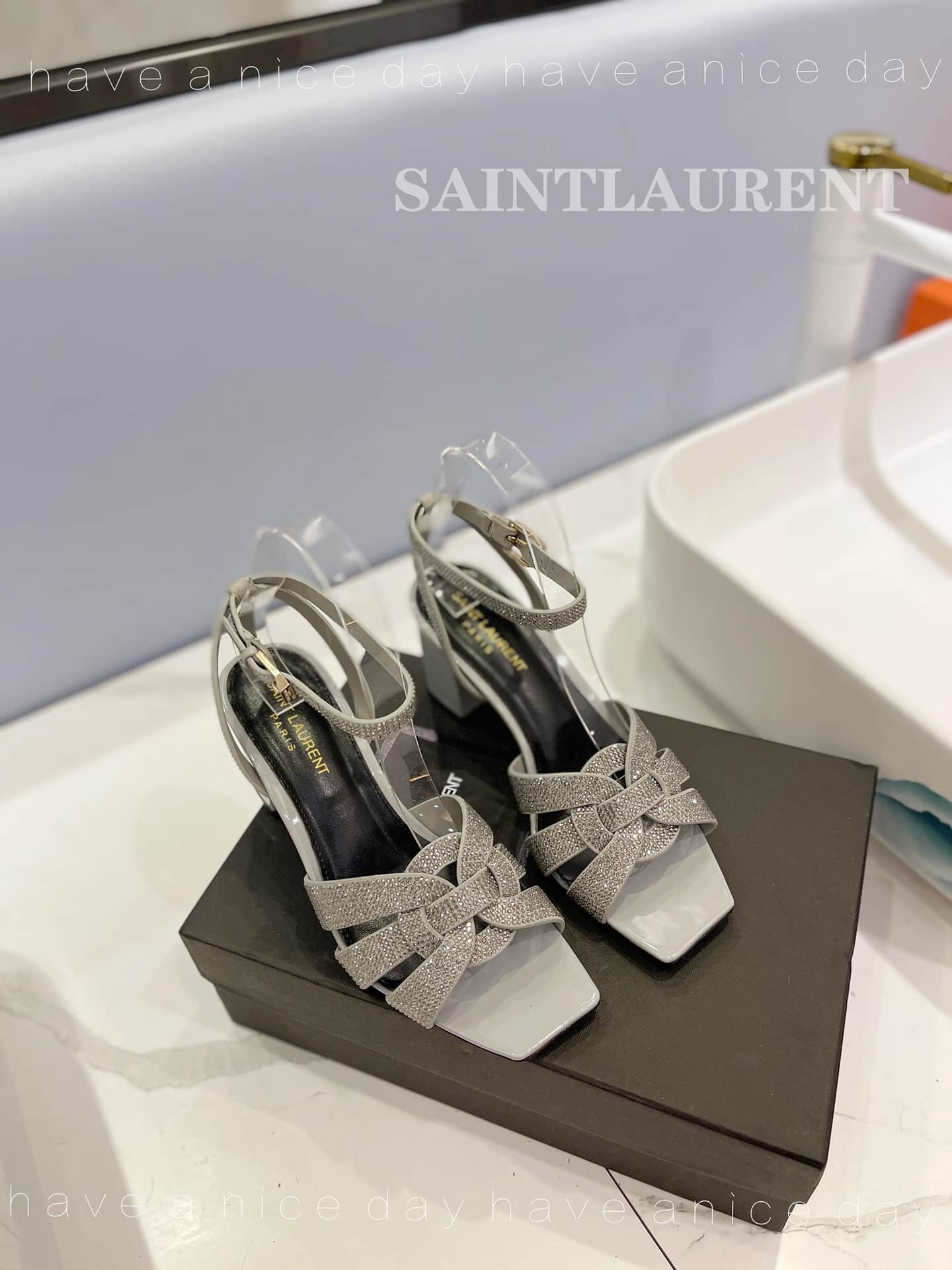 Saint Laurent Tribute Leather Sandals Metallic Silver