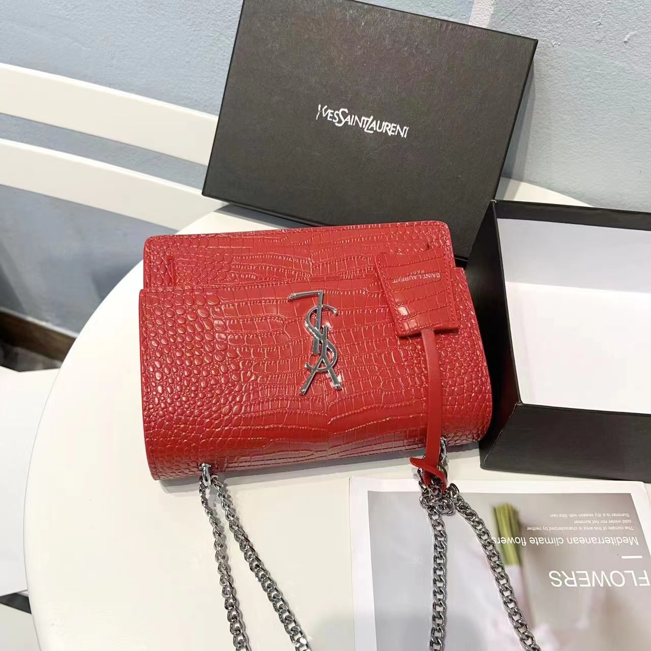 Saint Laurent Sunset Embossed Leather Bag Red