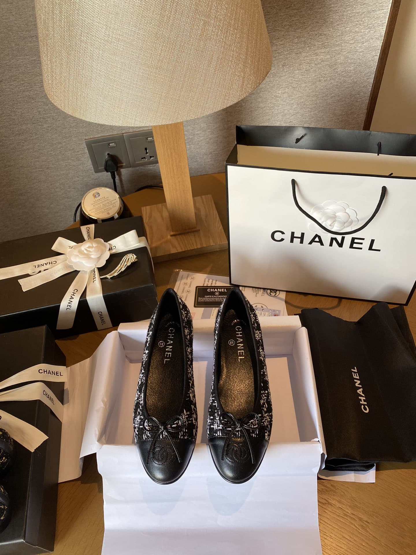 Chanel Plain Toe Rubber Sole Casual Style Tweed Black
