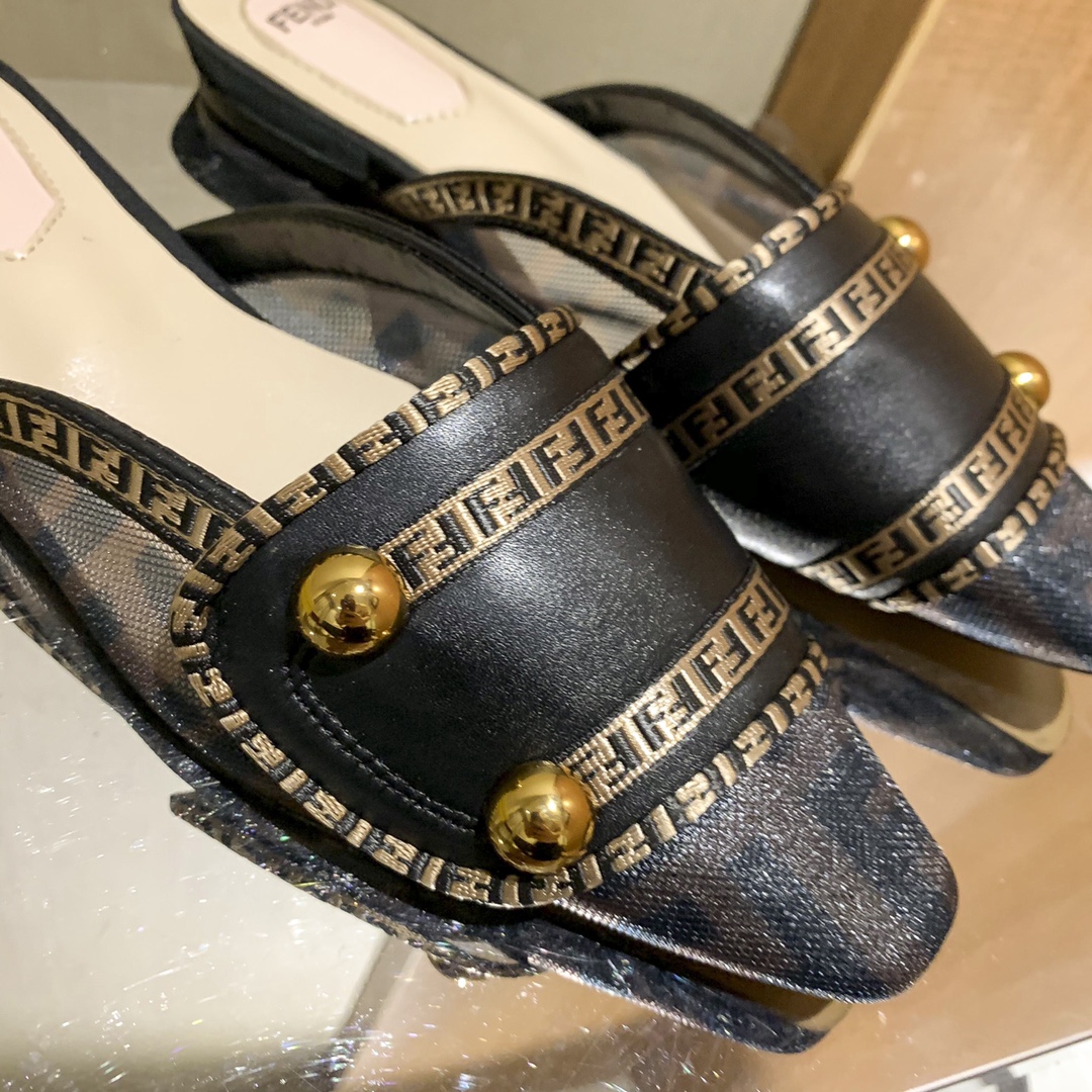 Fendi Ff Beige Strap Half Slippers Black