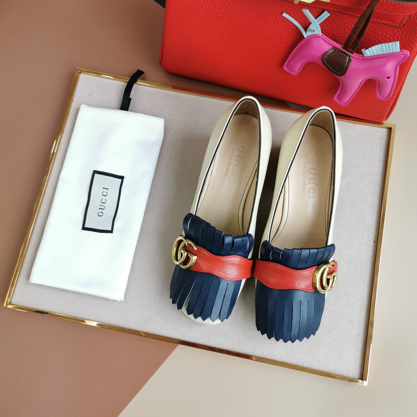 Gucci Wmns White And Blue Leather Mid-Heel Pump