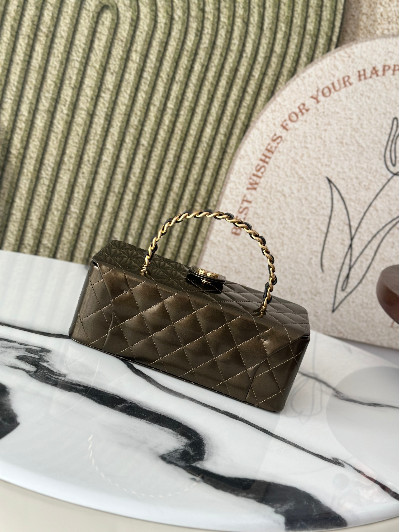 Vintage Quilted Metallic Patent Leather Long Vanity Case Bag with Chain Handle, Gold Hardware