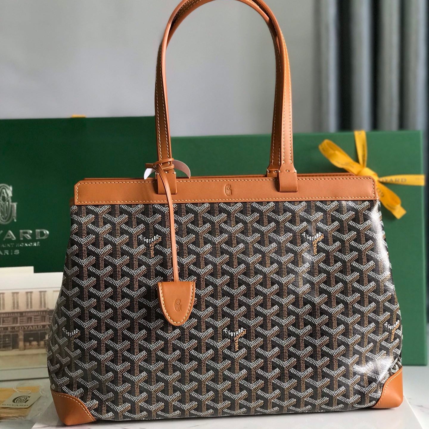 Goyard Bellechasse Biaude Pm Bag 36 Cm Black Goyardine Canvas And Tan Calfskin Trim