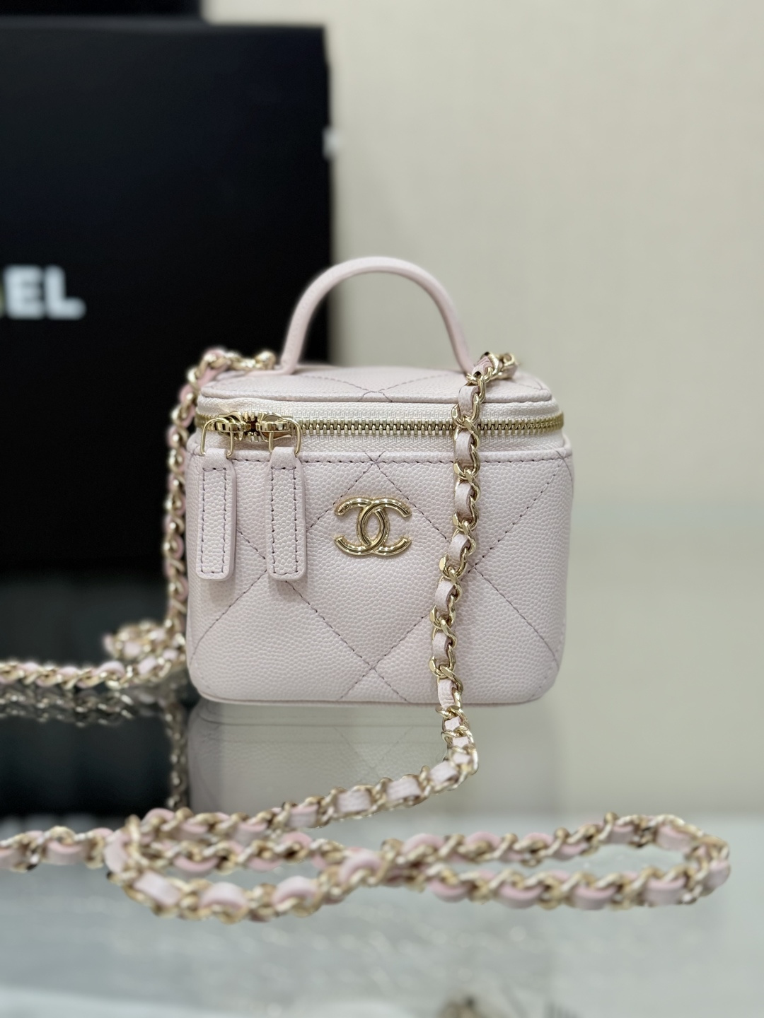 Mini Top Handle Vanity Case (AS5993) in Light Pink Quilted Grained Calfskin (Caviar) with Antique Gold-Tone Hardware