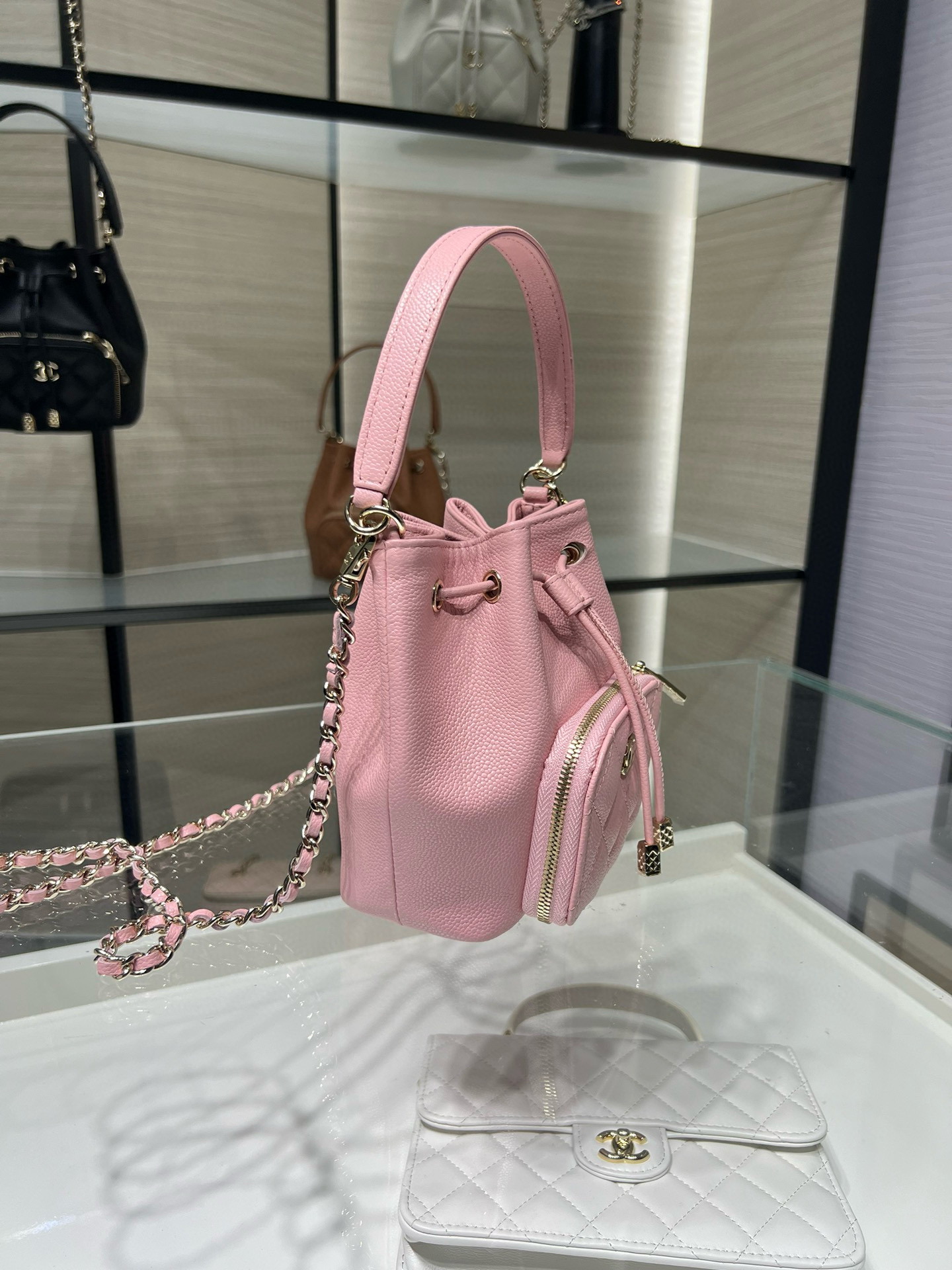 Small Drawstring Bucket Bag in Pink Quilted Grained Calfskin with Gold-Tone Metal (Model AP4775)