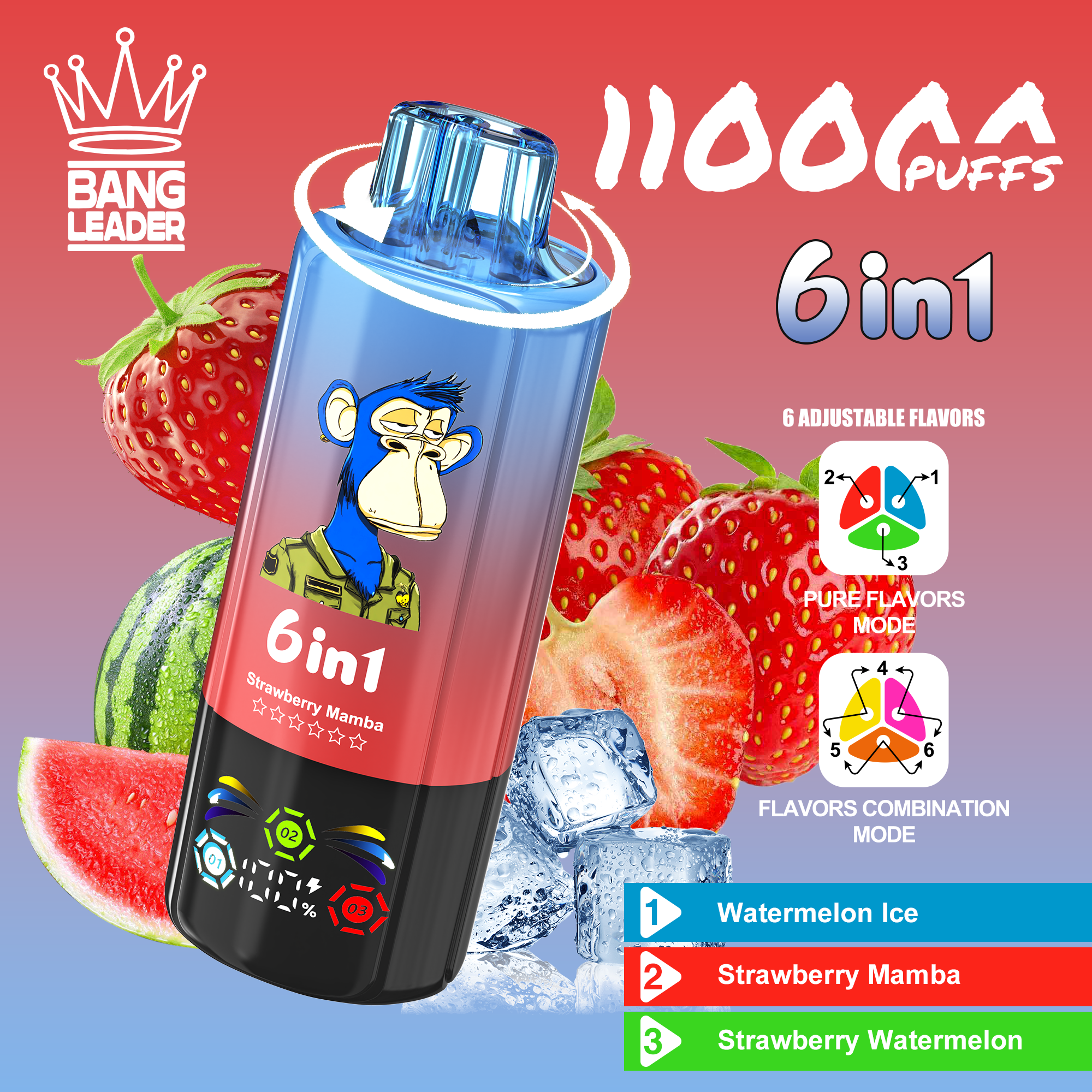 Bang Leader 110K Puffs 6-in-1 Prefilled  Vape | 6 Flavors in 1 Device,  Rechargeable, 3%/5%