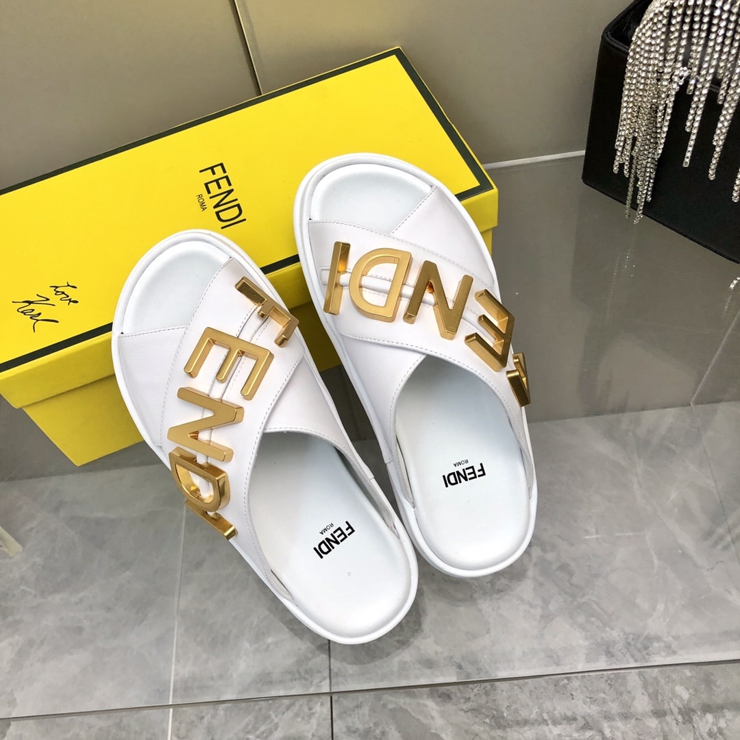 Fendi Fendigraphy Leather Slides White