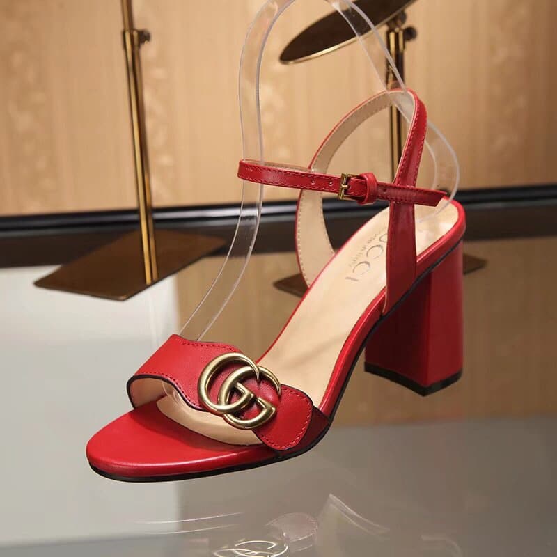 Gucci Double G Leather Mid Heel Sandal Red ?453379 A3N00