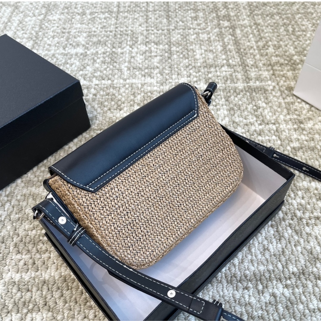 Prada Raffia And Leather Crossbody Bag Naturale Black 20Cm