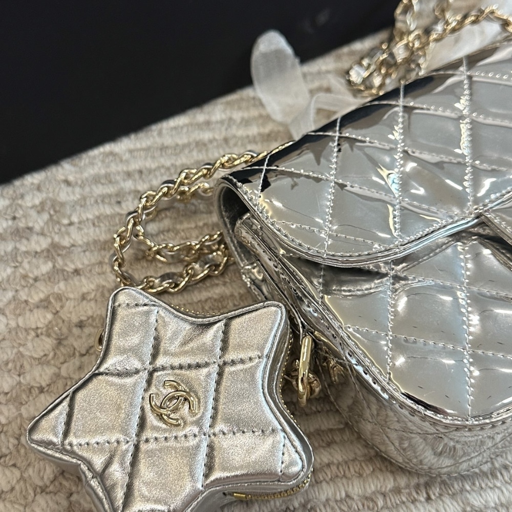 Chanel Mini Flap Bag Star Coin Purse Silver 24Cm As4648 B14873 Nt666