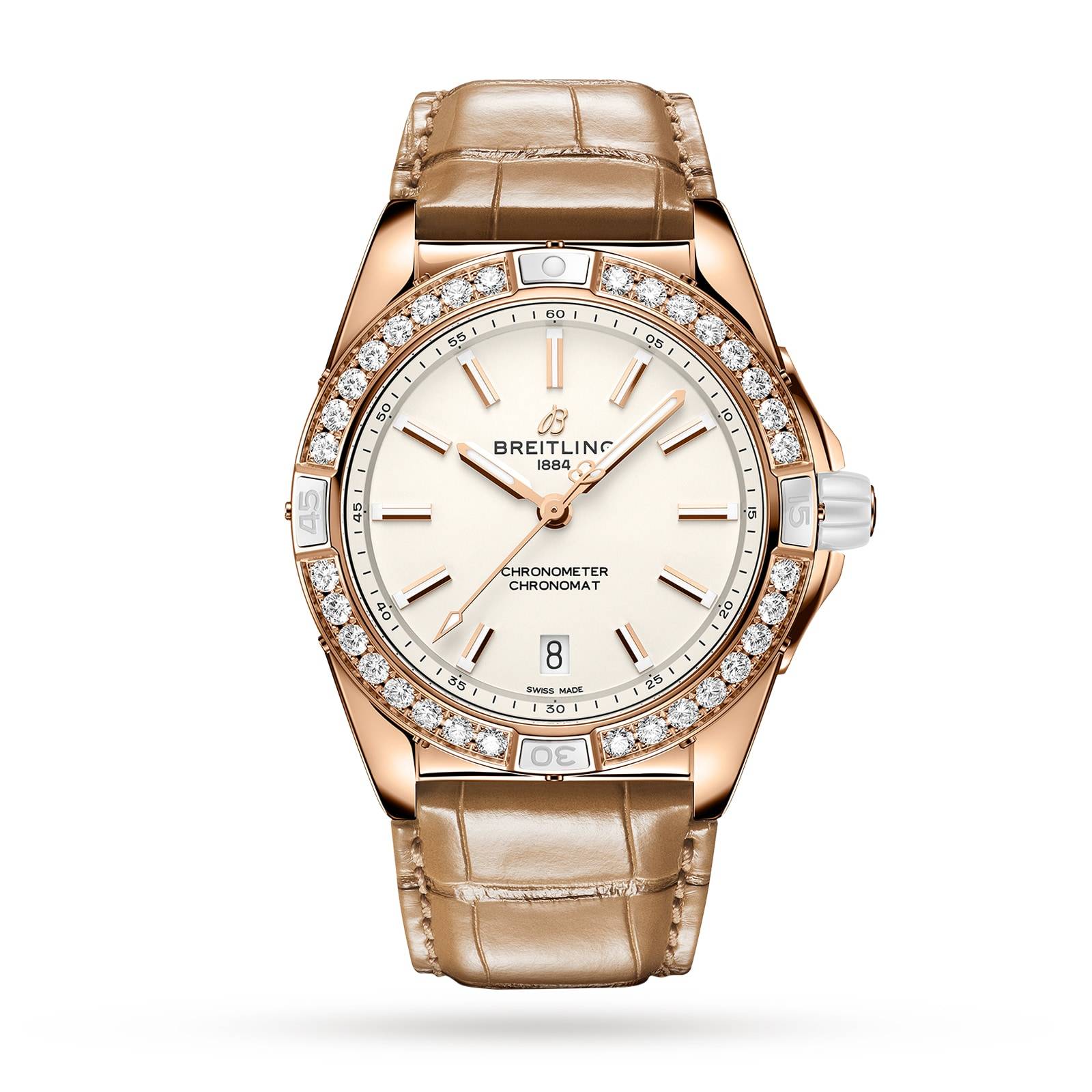 Breitling Super Chronomat Automatic 38 Origins White 18ct Rose Gold Brown Leather Strap-P17532169