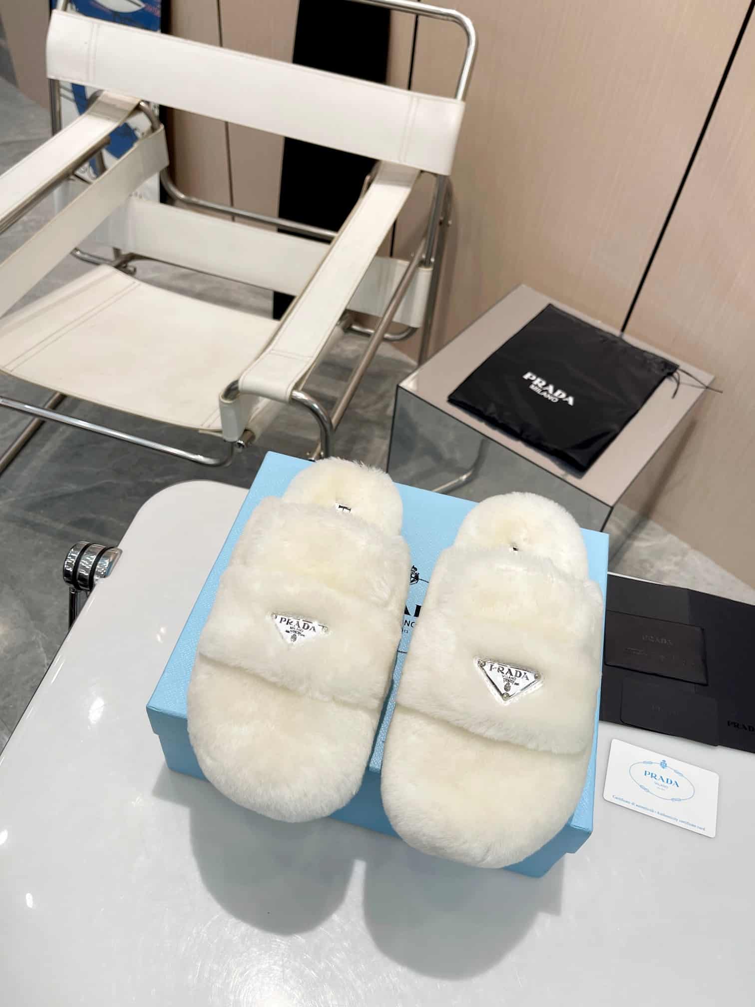 Prada Shearling Sabots White