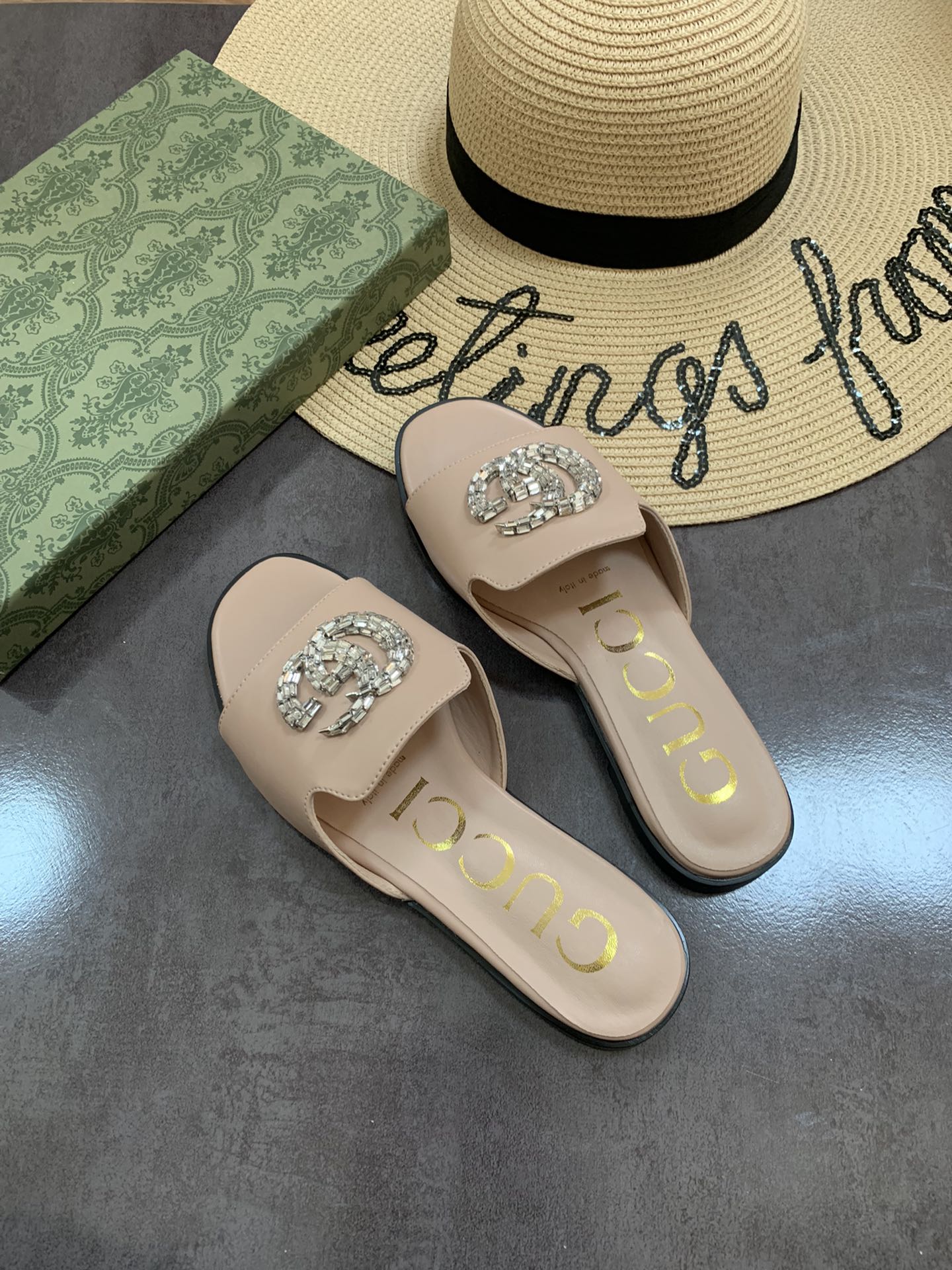 Gucci Double G Slippers Leather Beaded In Beige
