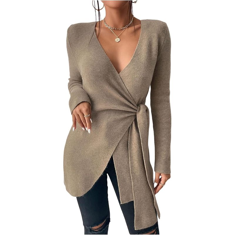 Women's V Neck Wrap Tie Side Sweater Long Sleeve Knit Pullover Tops Fall Clothes