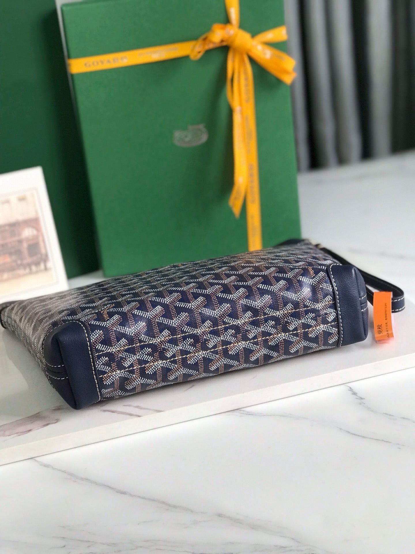 Goyard Conti Pouch 24 Cm Navy Blue Lambskin And Goyardine Canvas