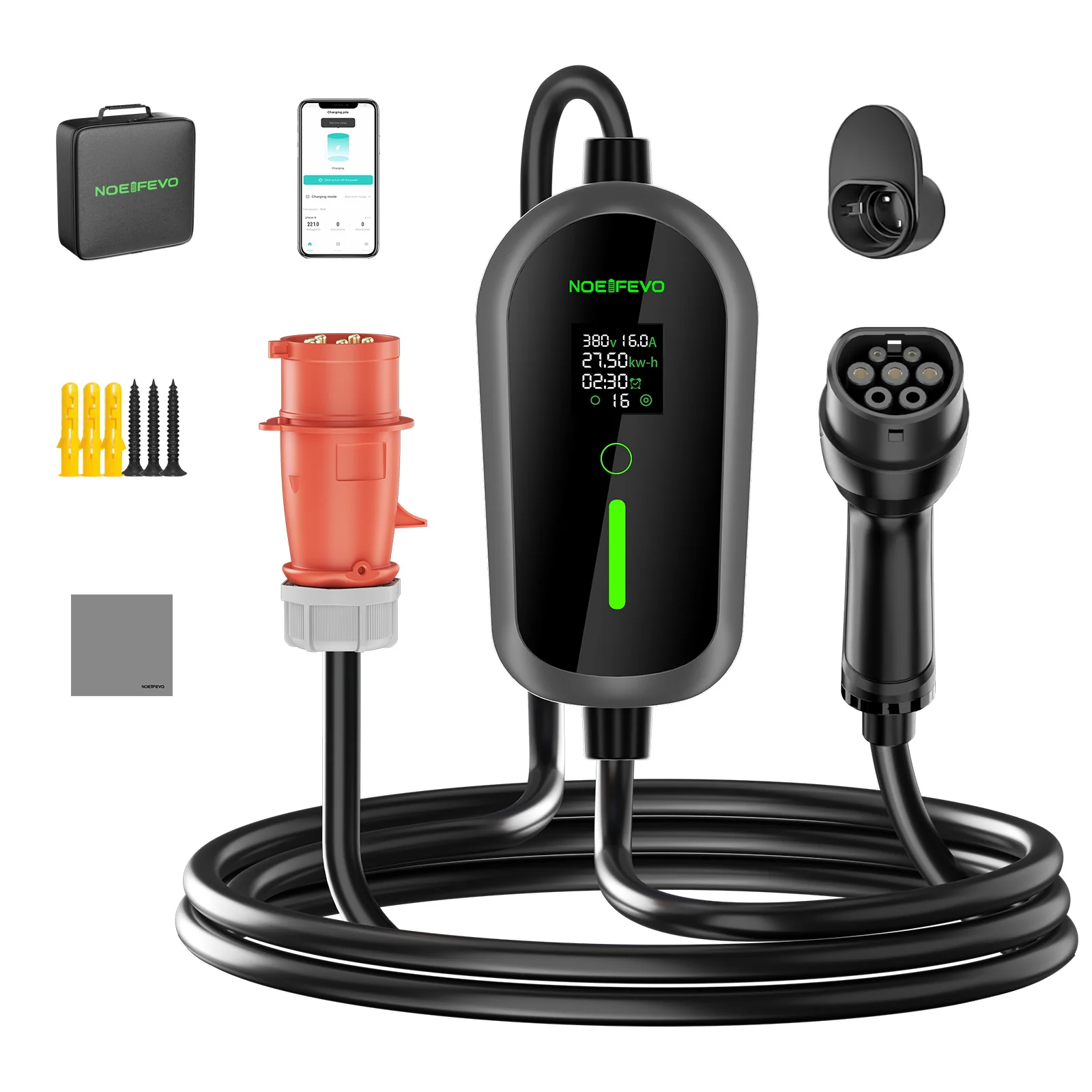 NOEIFEVO F097 EV Mobile Wallbox 11KW mit APP, 3-phasig 6-16A mit Einstellbarer Ladeleistung, Typ2 Ladekabel e auto, EV Ladegerät mit stromzähler