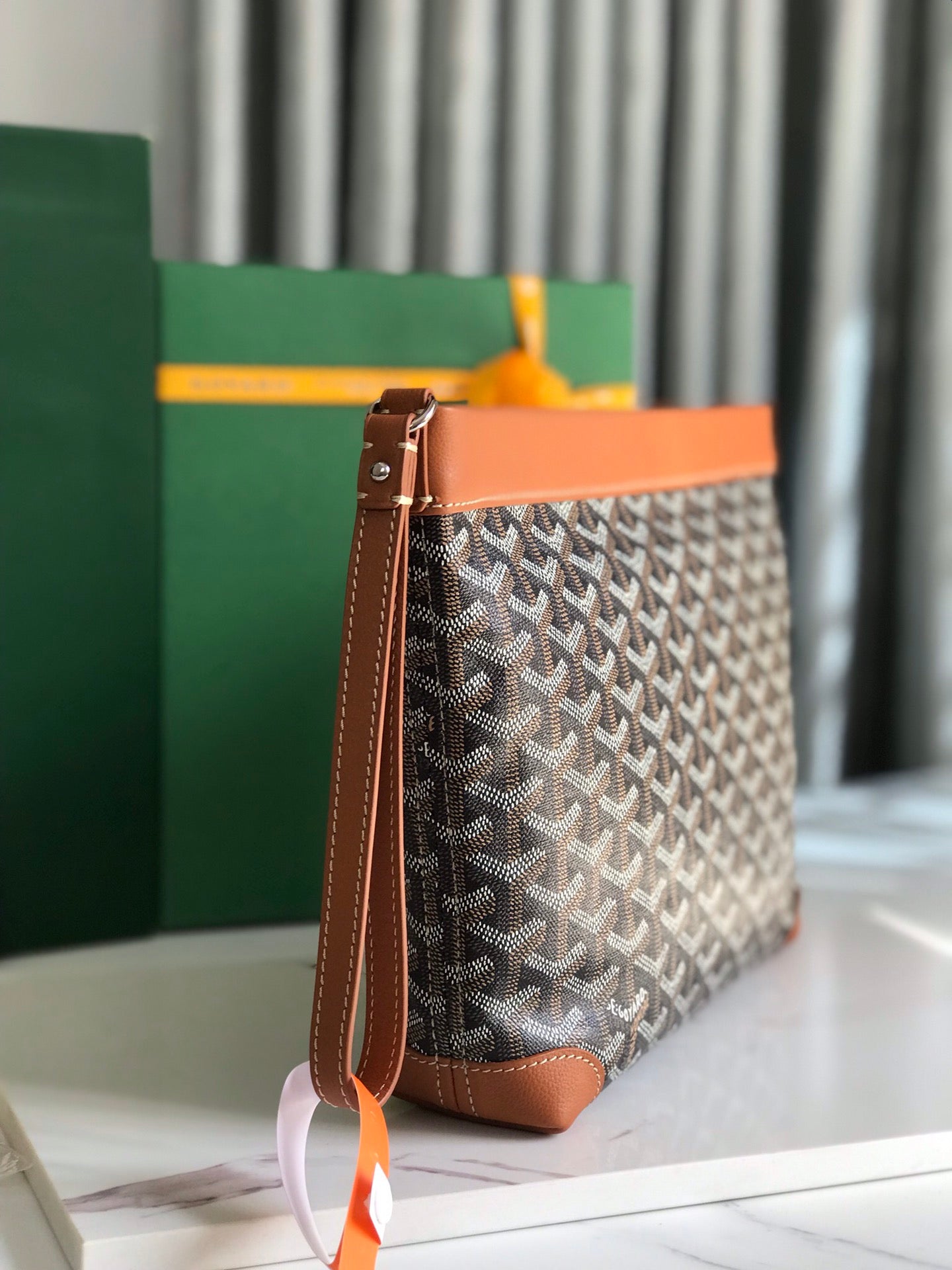 Goyard Conti Pouch 24 Cm Tan Lambskin And Black Goyardine Canvas