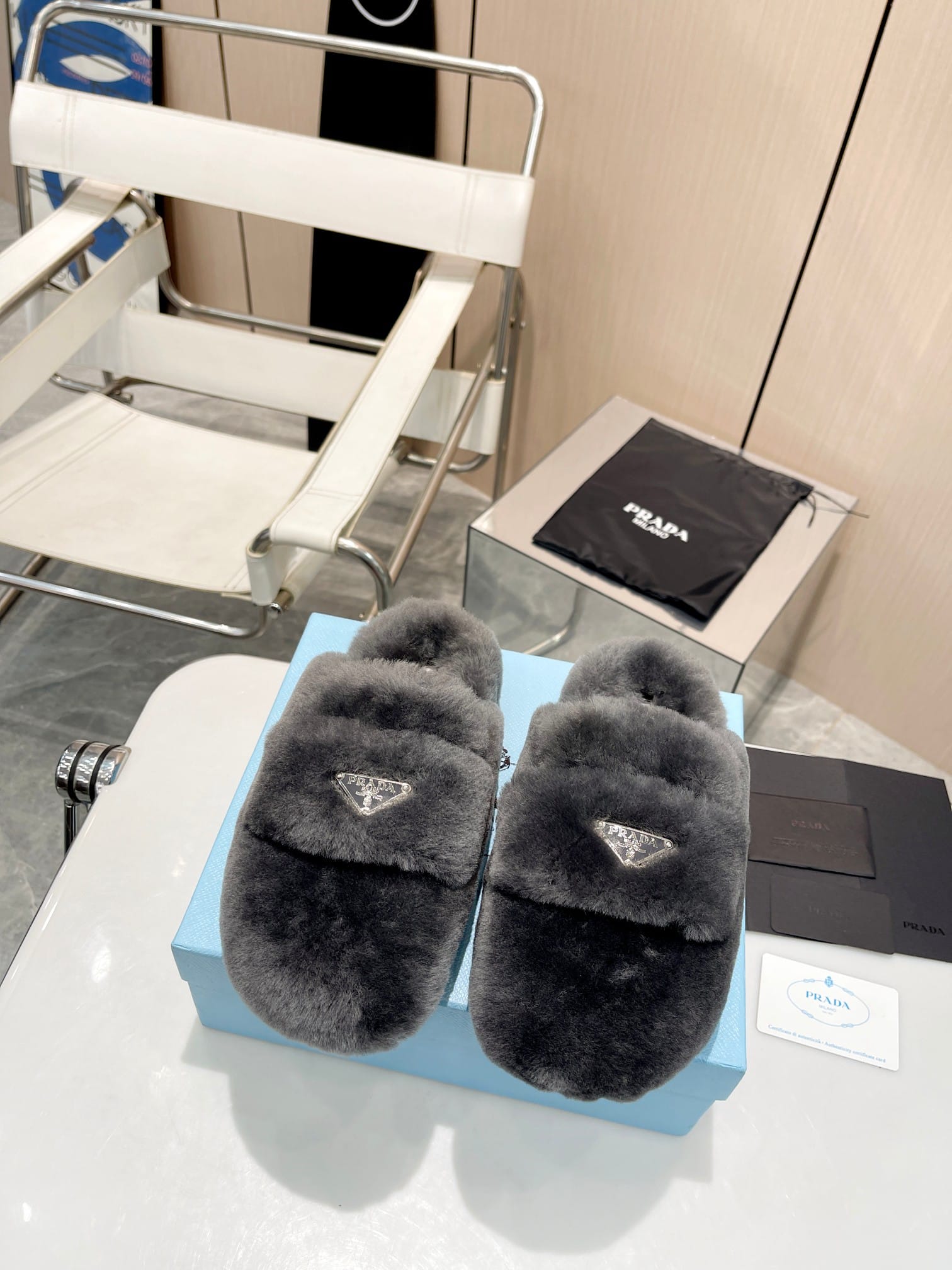 Prada Shearling Sabots Grey