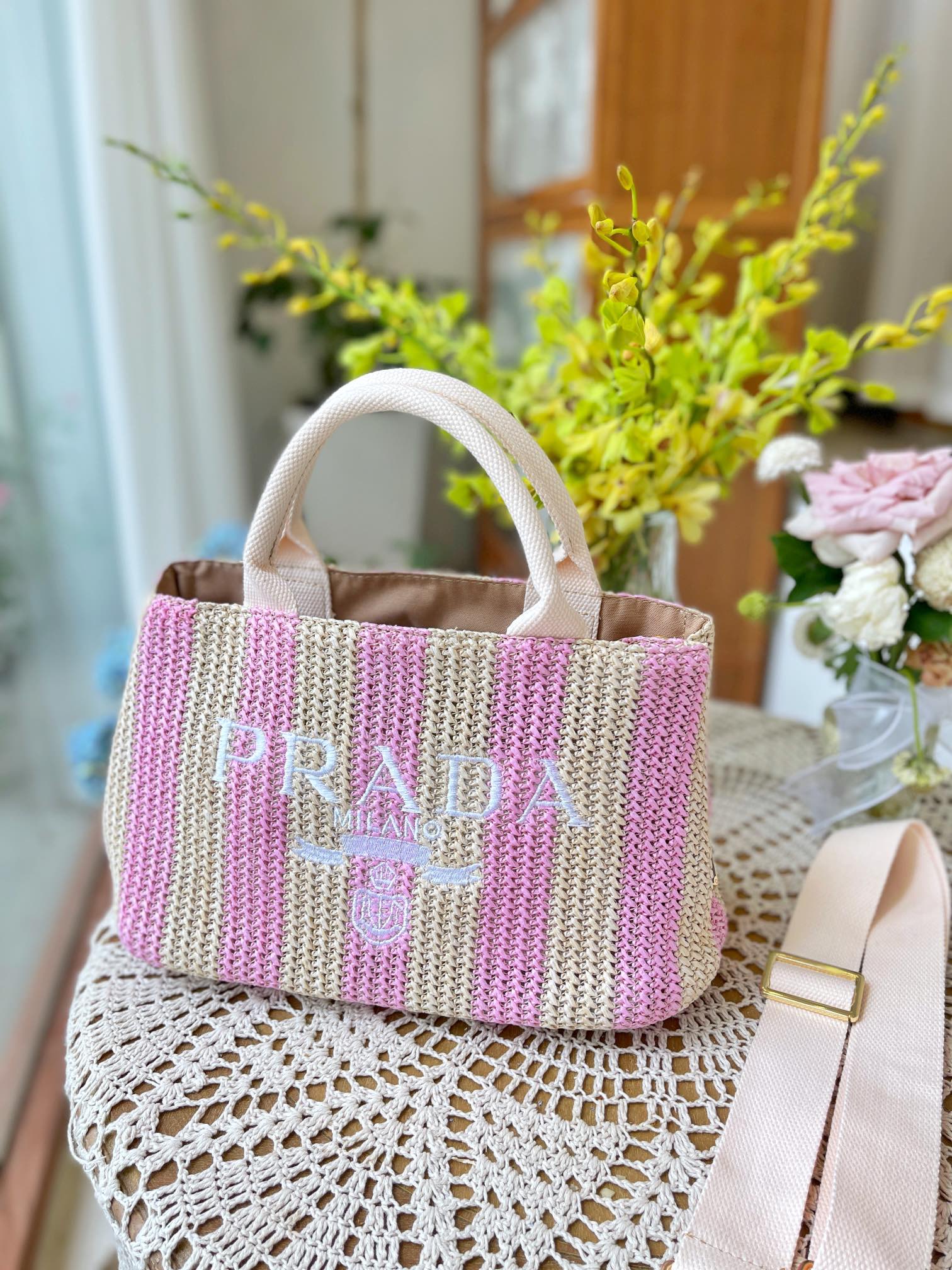 Prada Raffia Tote Bag Tan And Pink