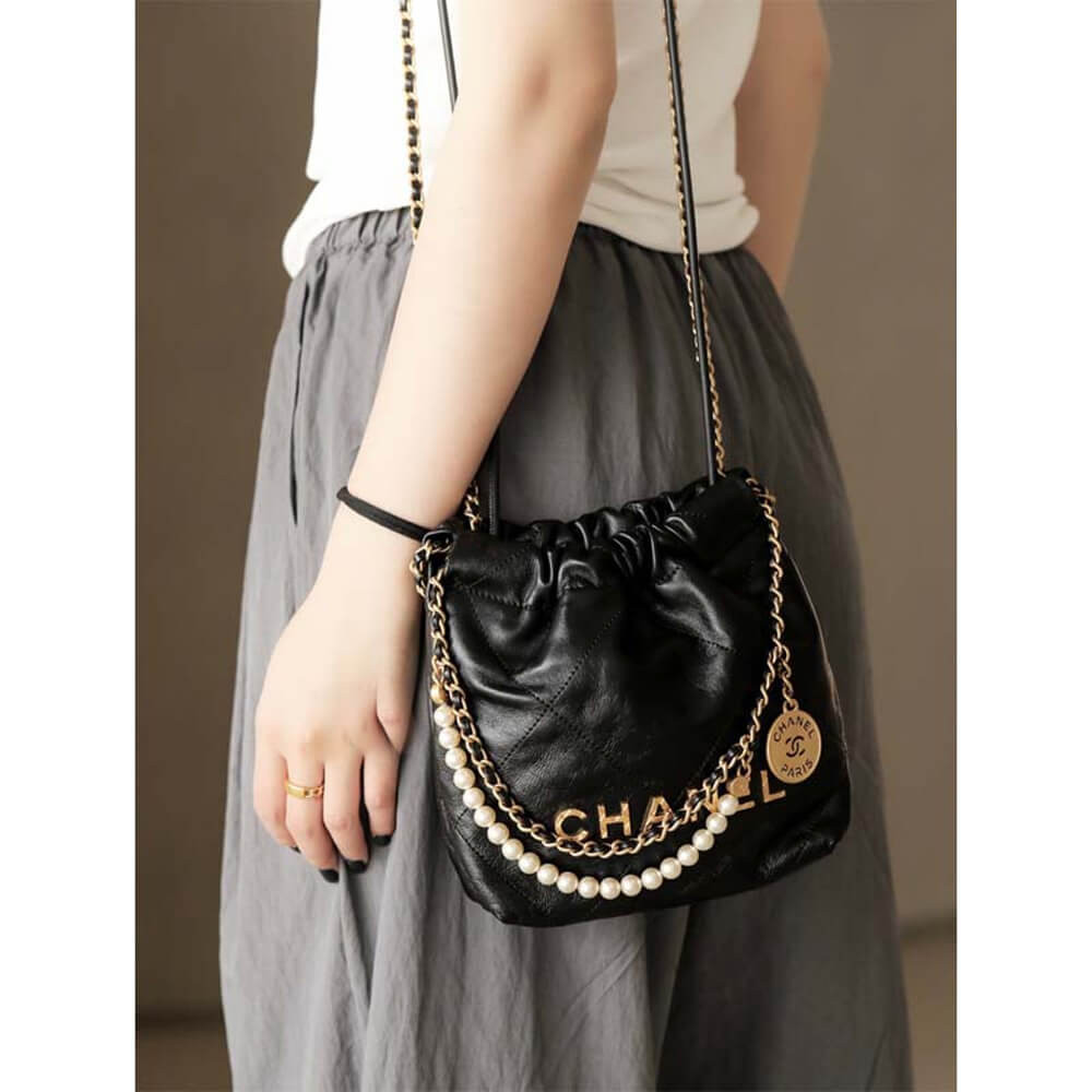 Chanel 22 Mini Bag Shiny Crumpled Calfskin with Pearl Chain