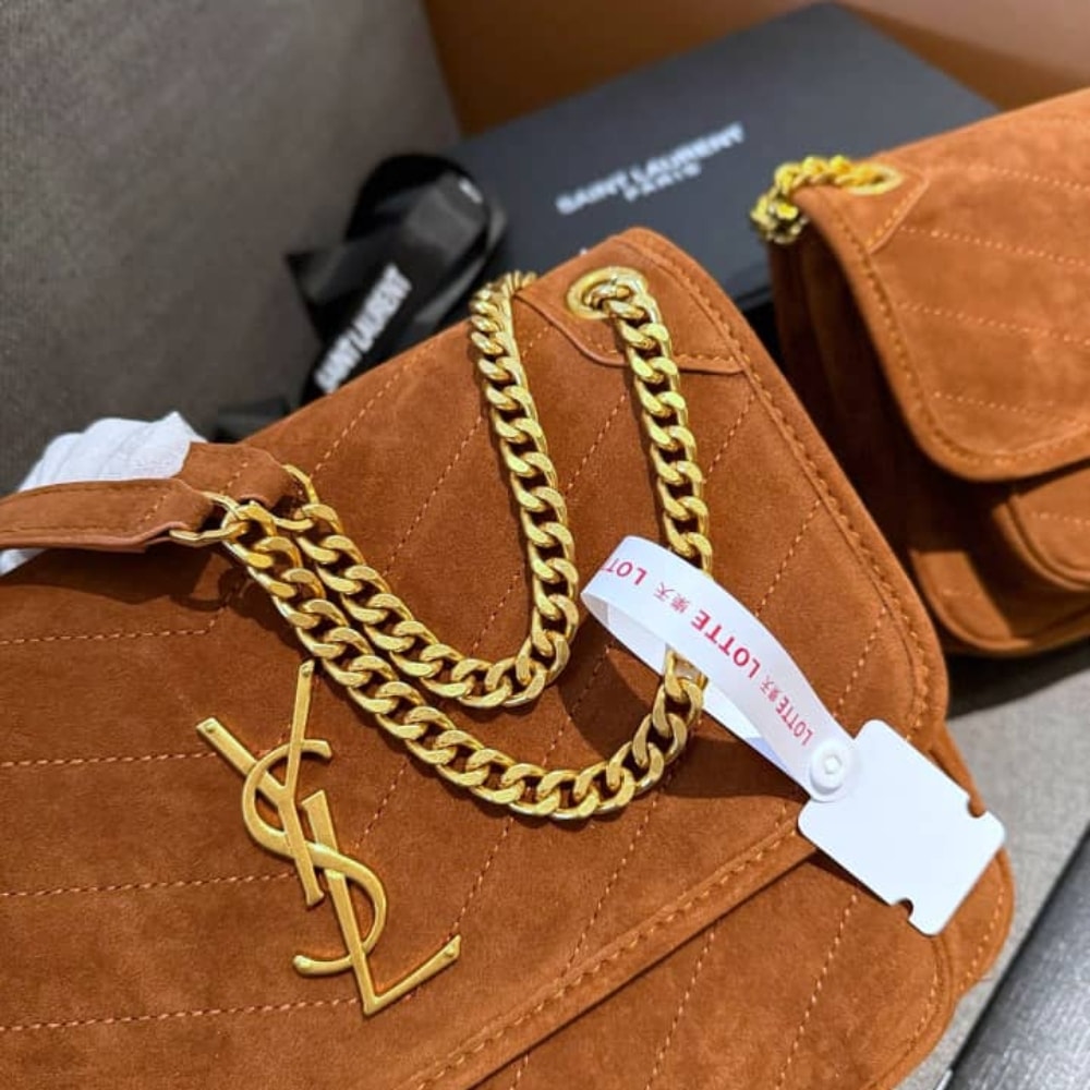 Saint Laurent Niki Baby Quilted Suede Chain Bag Brown 28cm