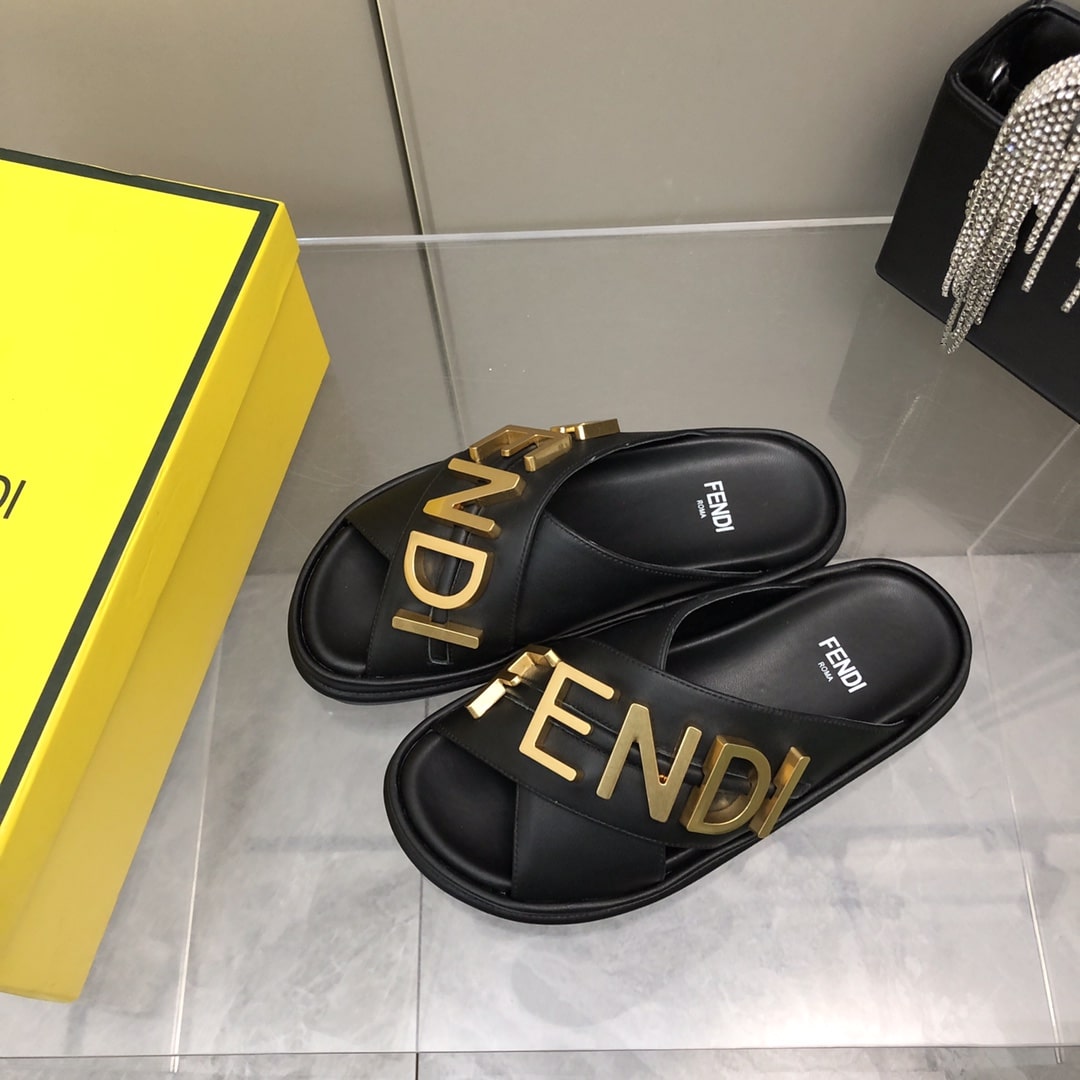 Fendi Fendigraphy Leather Slides Black 8X8289Ai1Rf1H1K