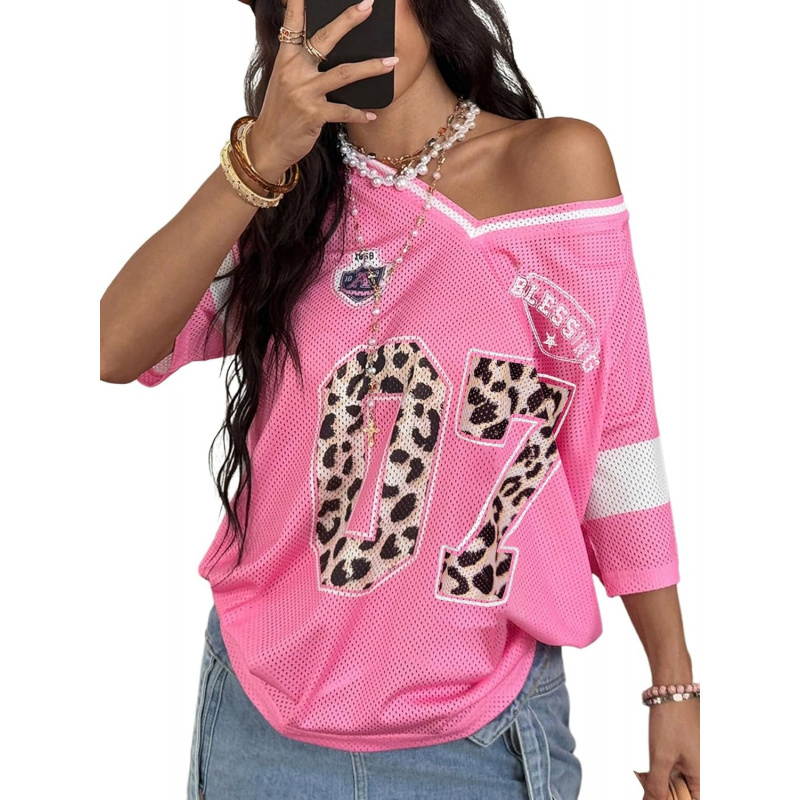 Women's Y2k Leopard Number Graphic Oversized Tops Football Jersey Shirts Streetwear
