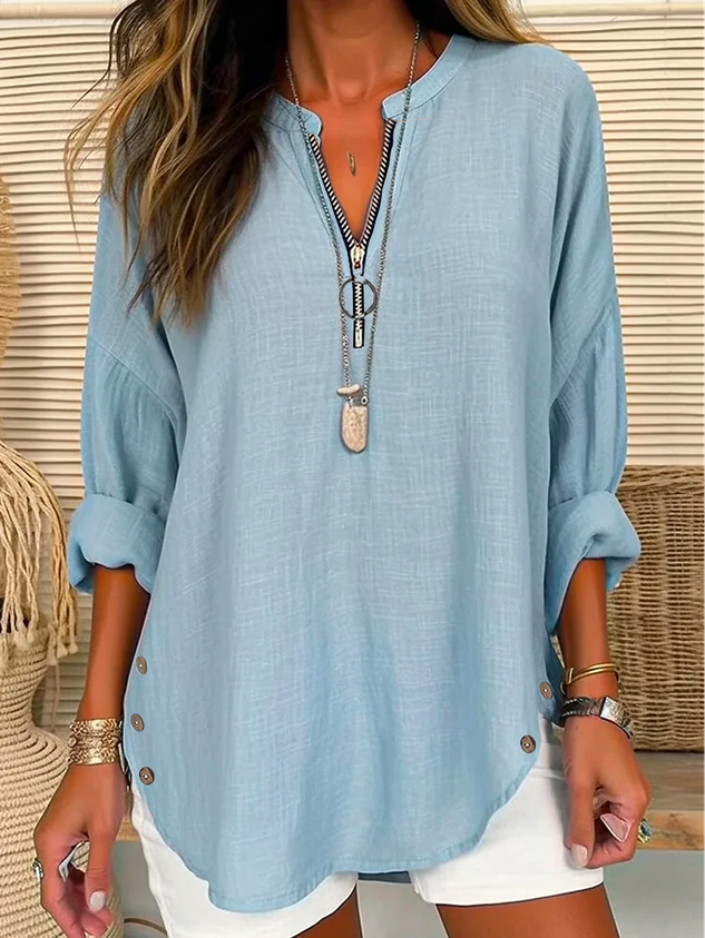 V Neck Long Sleeve Plain Zipper Regular Loose Shirt For Women